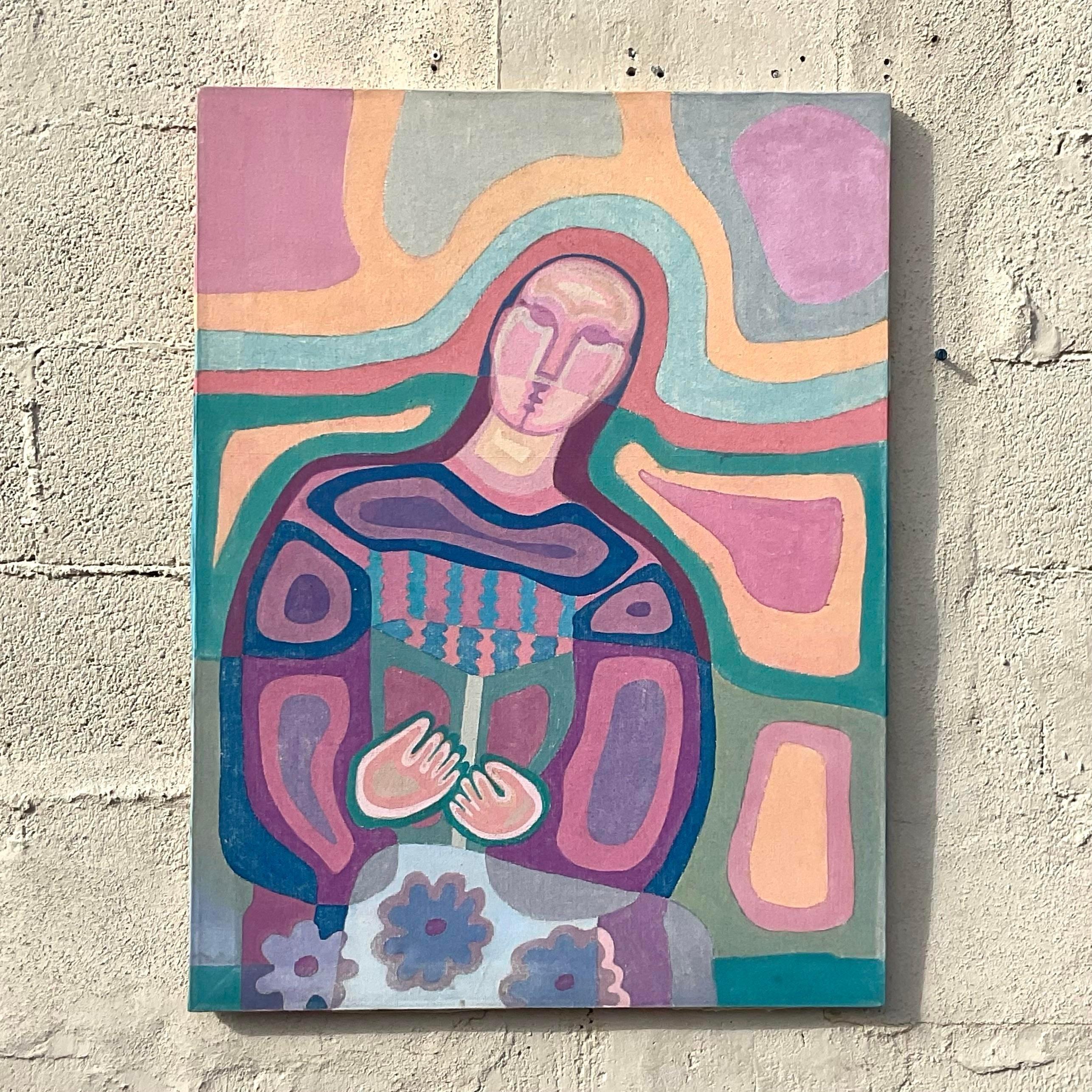 American Vintage Boho Abstract Figural Oil on Canvas For Sale