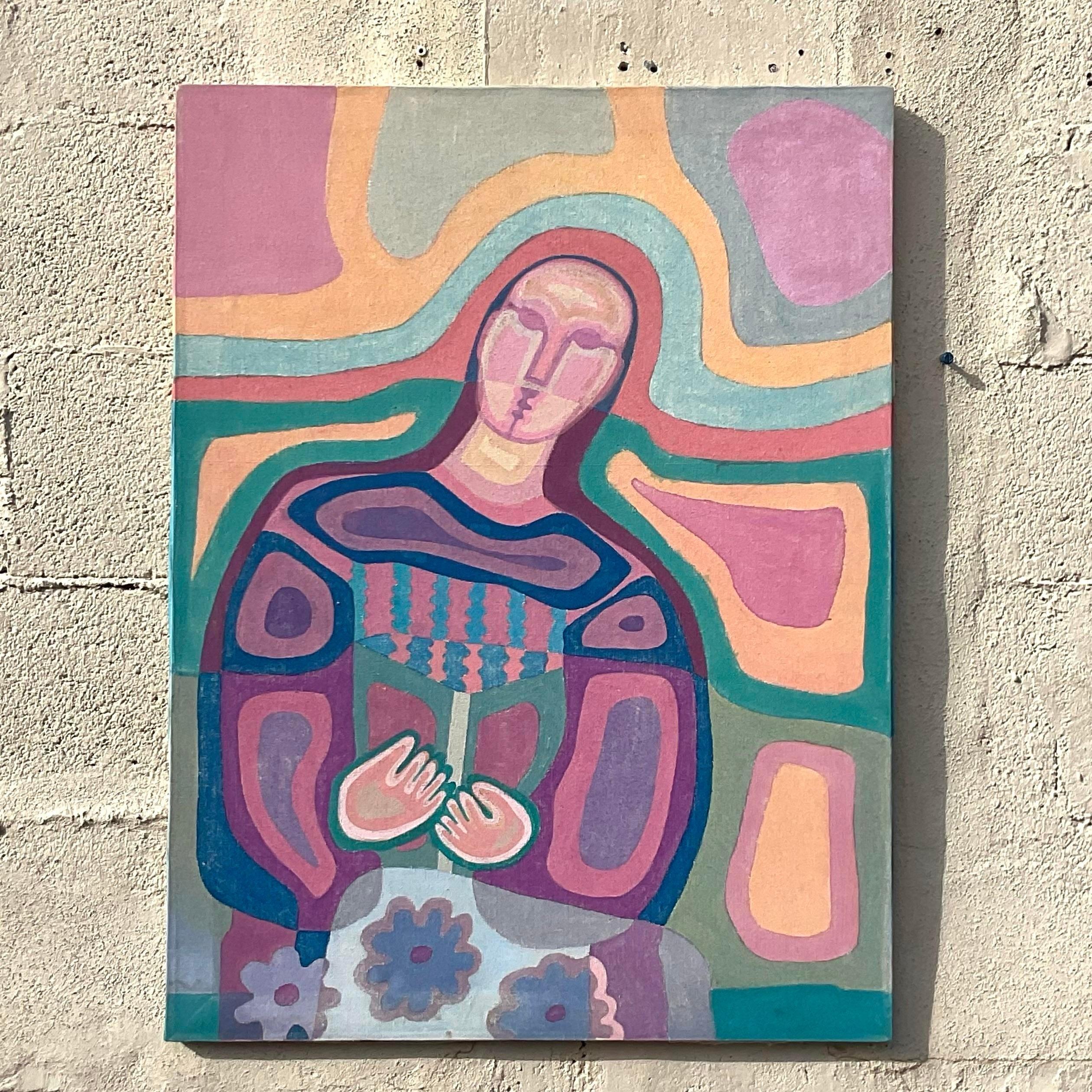 Vintage Boho Abstract Figural Oil on Canvas In Good Condition For Sale In west palm beach, FL
