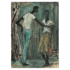 Vintage Boho Abstract Figural Oil on Canvas