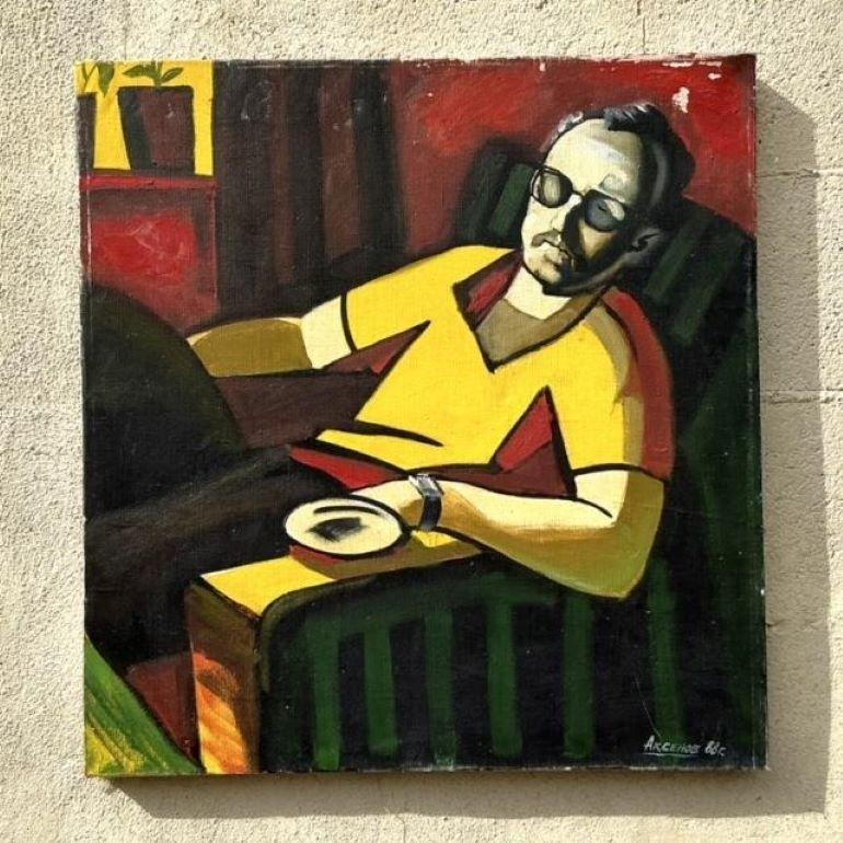 Vintage Boho Abstrakt Figural Ölgemälde auf Leinwand (20. Jahrhundert) im Angebot