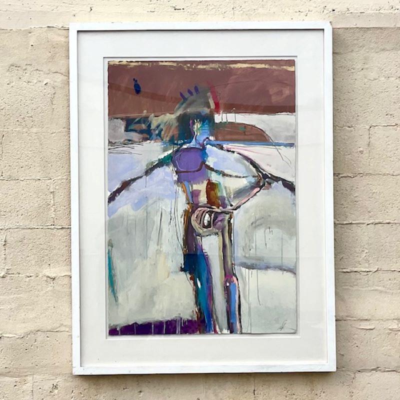 A stunning vintage Boho original oil painting on paper. A chic Abstract Figural in bright clear colors. Beautifully framed with the painting floating on board. Signed by the artist. Acquired from a Palm Beach estate. 