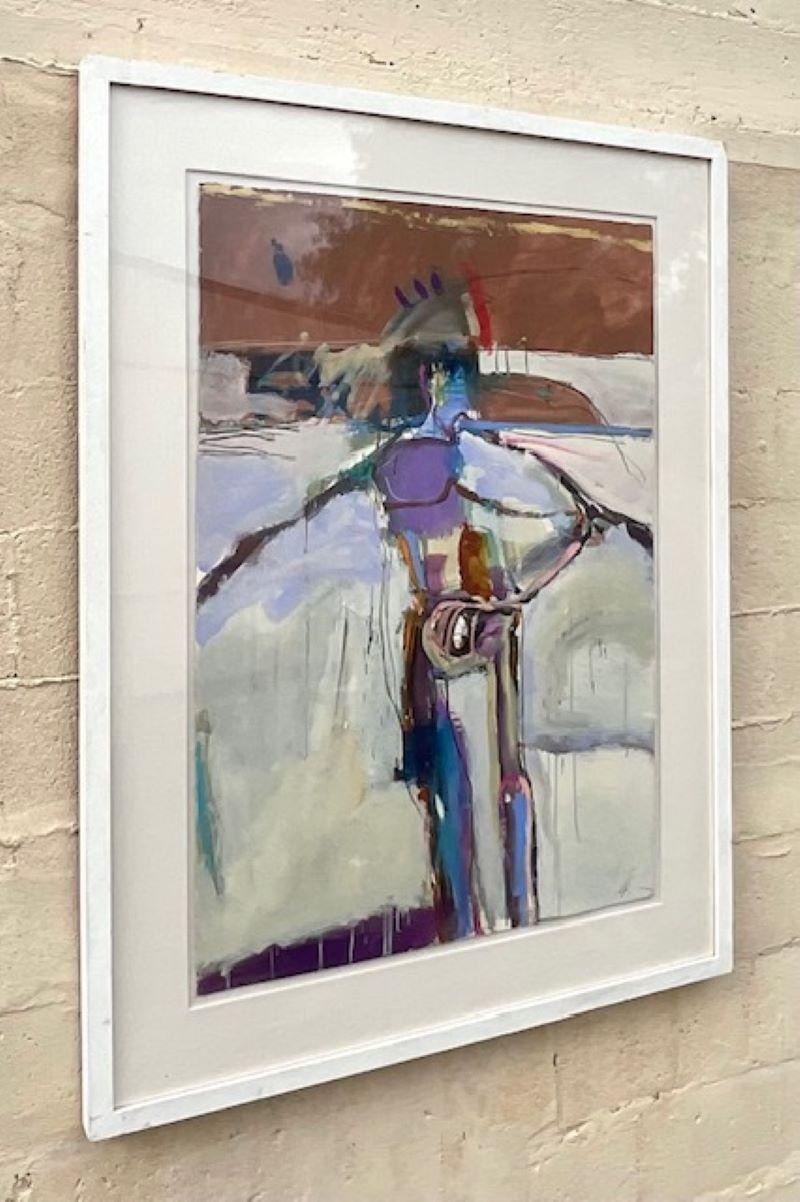 Vintage Boho Abstract Figural Oil Painting on Paper In Good Condition For Sale In west palm beach, FL