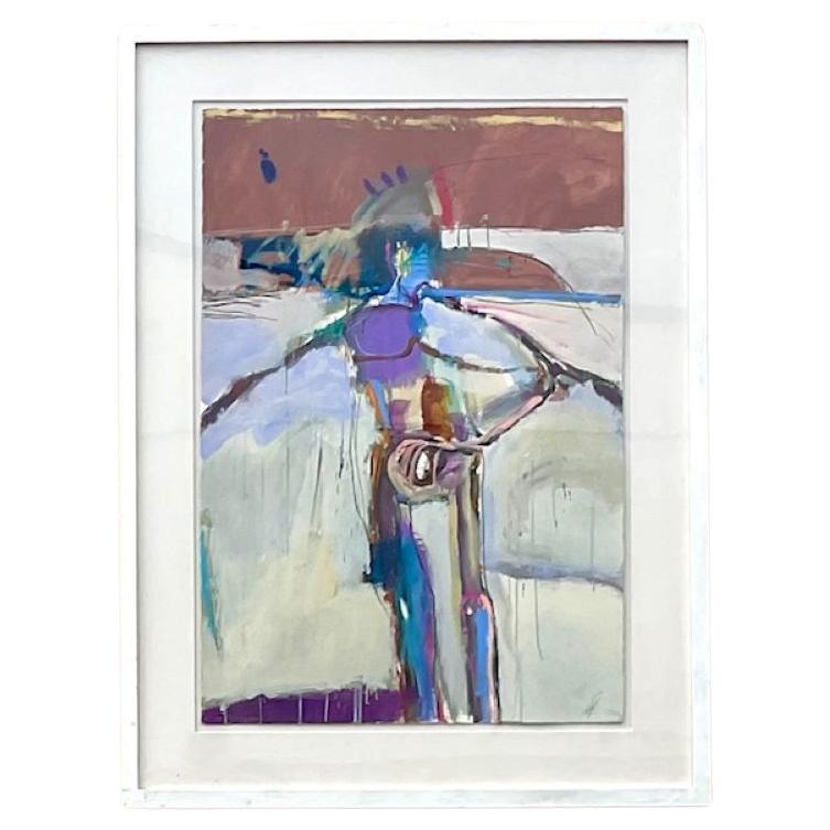 Vintage Boho Abstract Figural Oil Painting on Paper For Sale