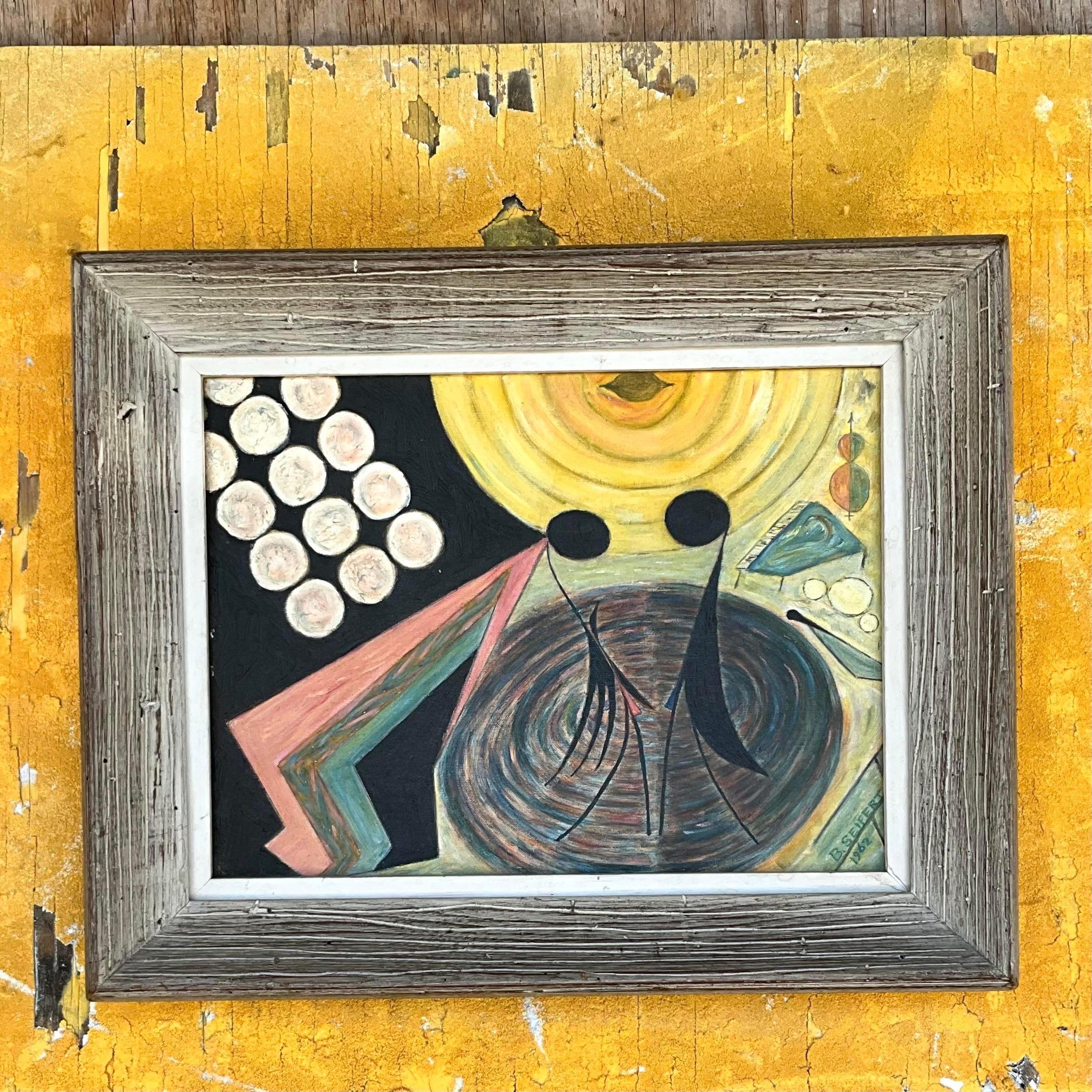 Pittura ad olio originale su tela con figure astratte vintage di Boho In condizioni buone in vendita a west palm beach, FL
