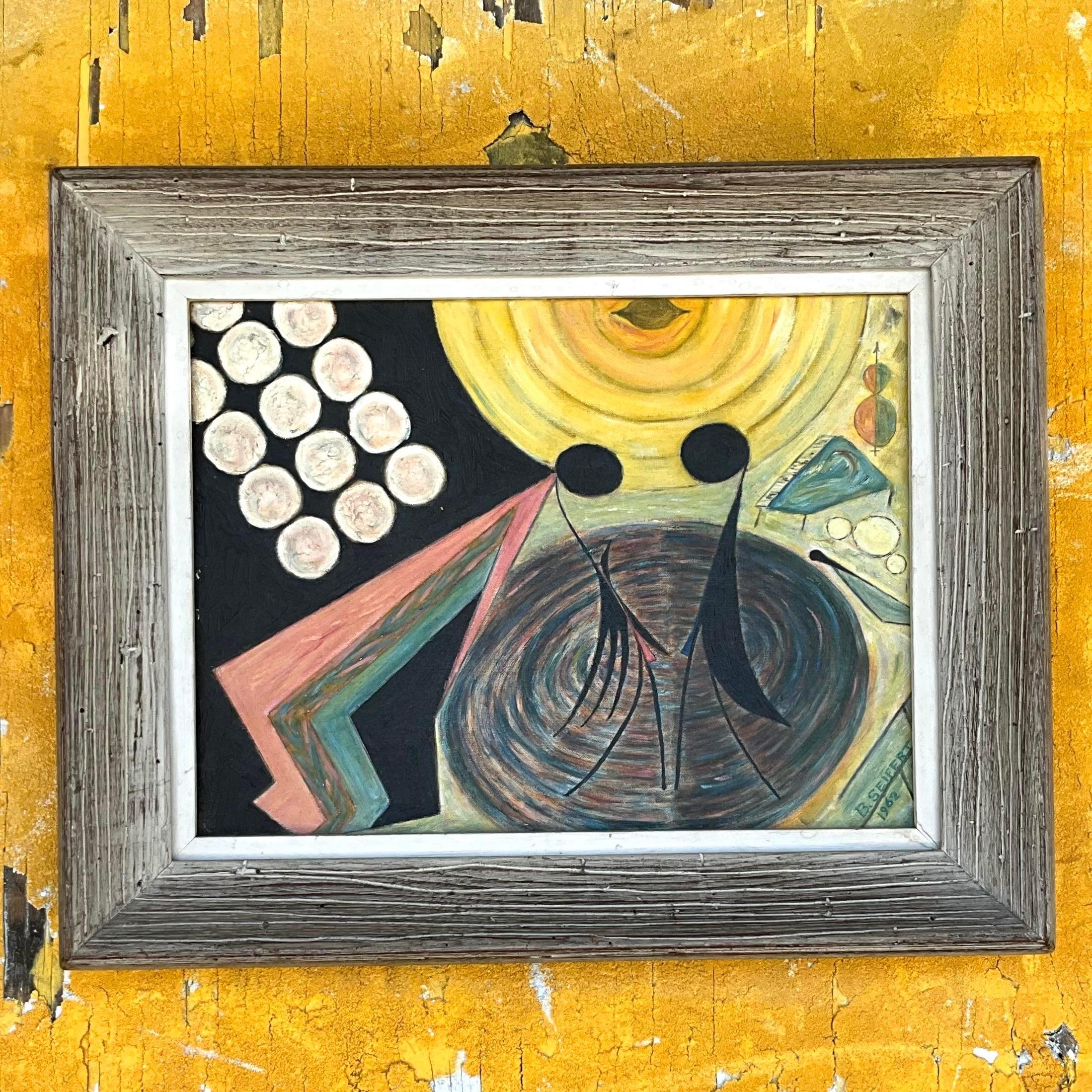 XX secolo Pittura ad olio originale su tela con figure astratte vintage di Boho in vendita