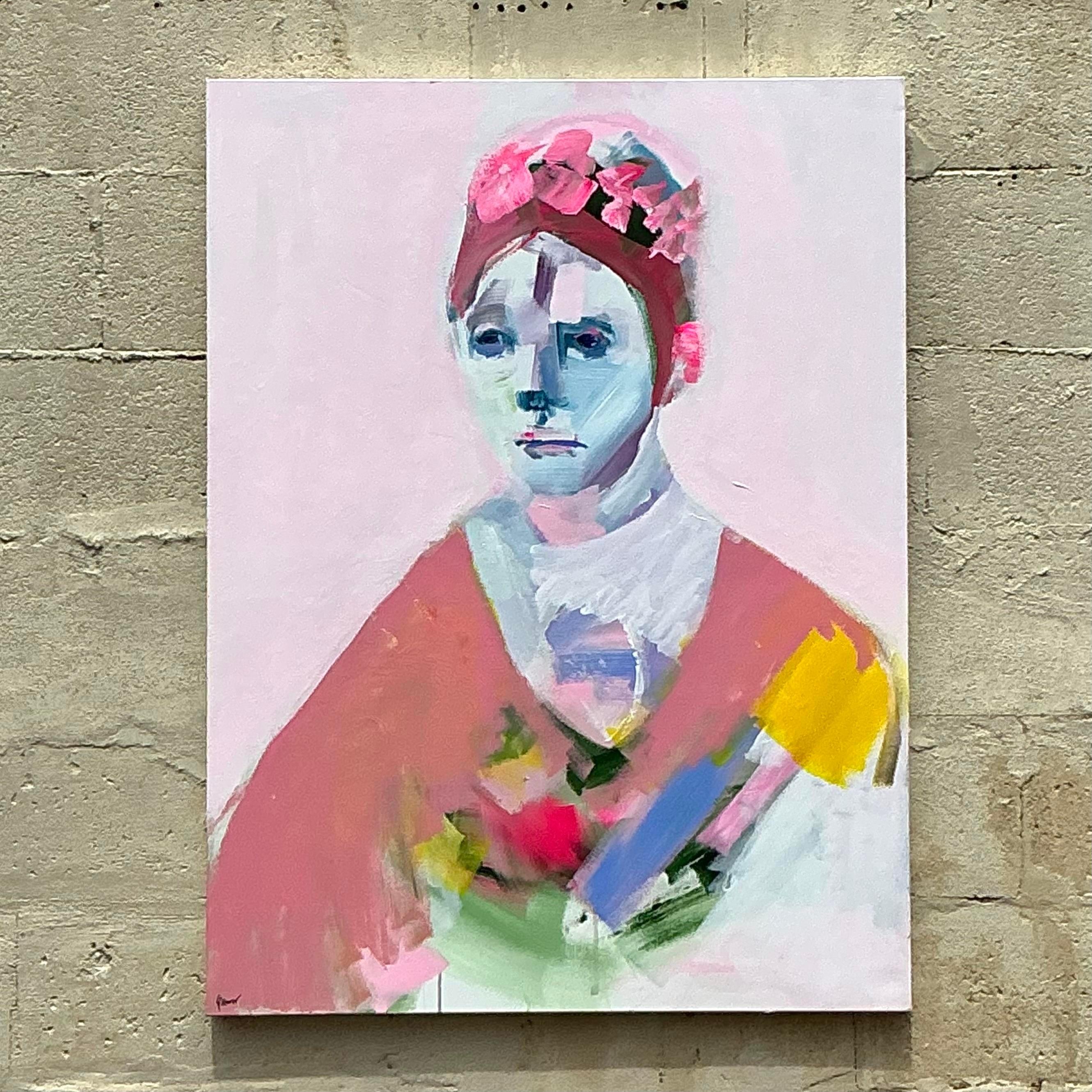 Dieses abstrakte Boho-Gemälde im Vintage-Stil auf Leinwand strahlt eine sanfte, aber eindrucksvolle Präsenz aus. Mit der zarten Darstellung einer Figur in Pastelltönen von Rosa, Blau und Gelb verbindet der Künstler abstrakten Expressionismus mit