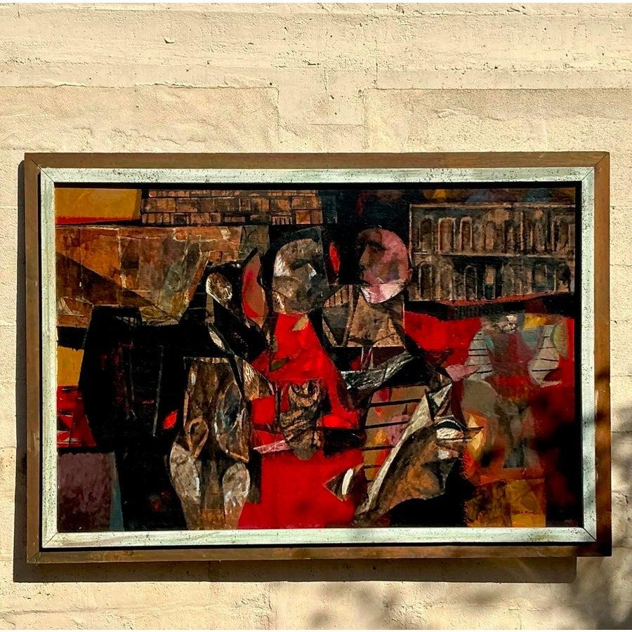 Pintura al óleo figurativa abstracta boho vintage sobre lienzo en venta 3