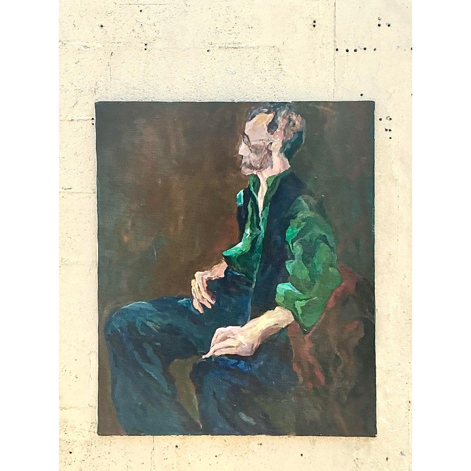 Delve into the profound depths of human contemplation with this striking Vintage Original Abstract Figurative Oil Painting on Canvas. This unique artwork captures a solitary figure in an expressive, painterly style, blending abstract elements with a