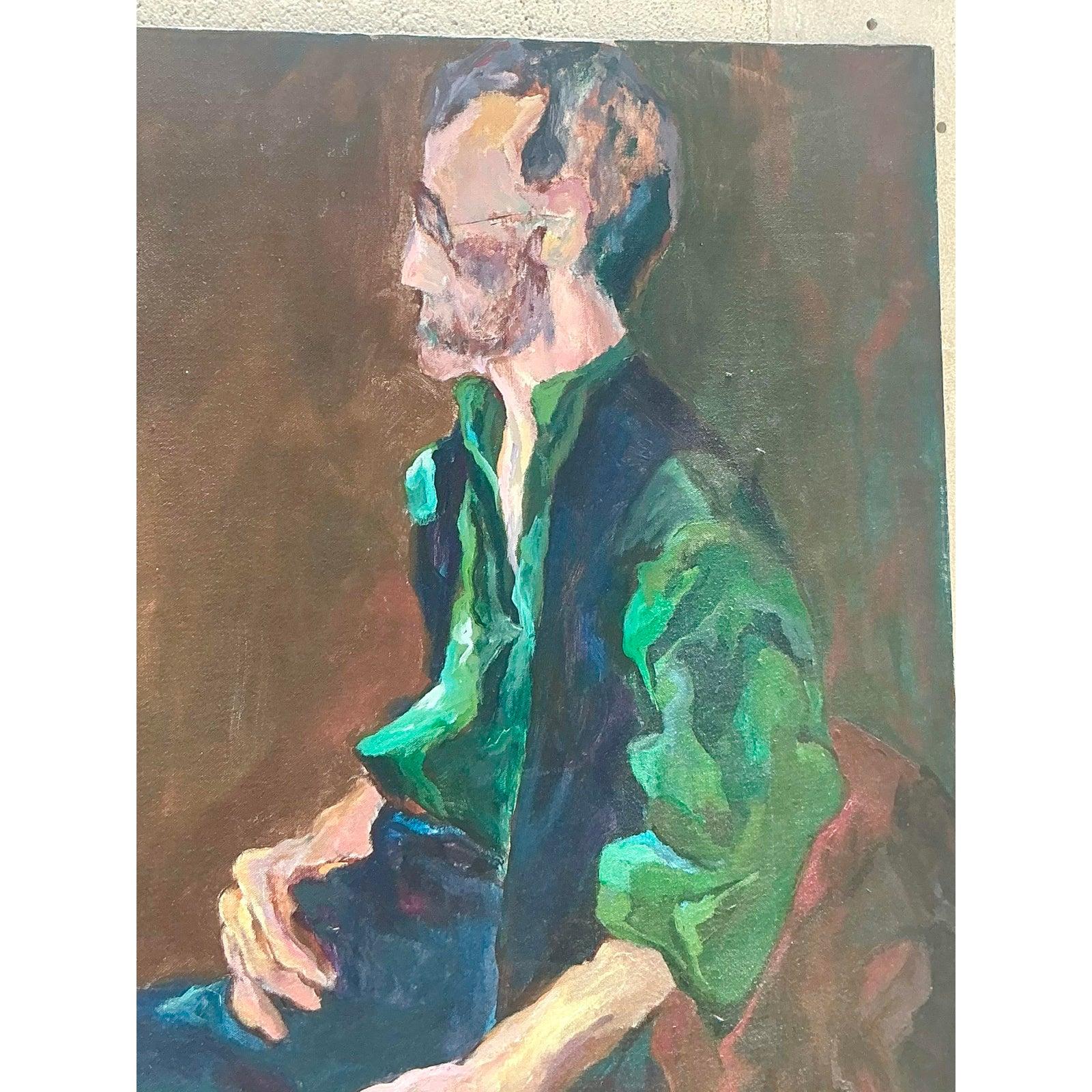 Vintage Boho Abstrakte Figurative Ölgemälde auf Leinwand (Moderne) im Angebot