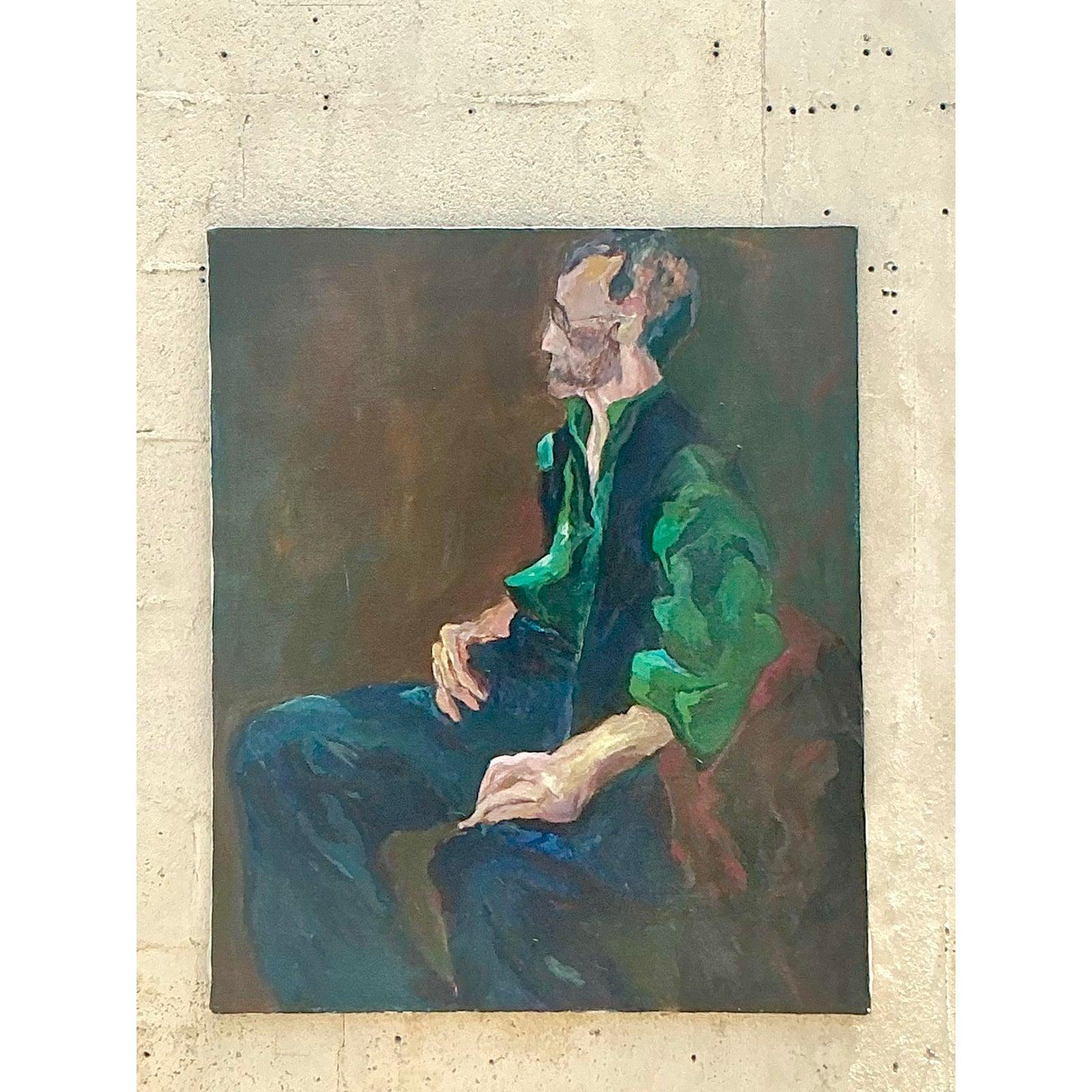 Vintage Boho Abstrakte Figurative Ölgemälde auf Leinwand (amerikanisch) im Angebot