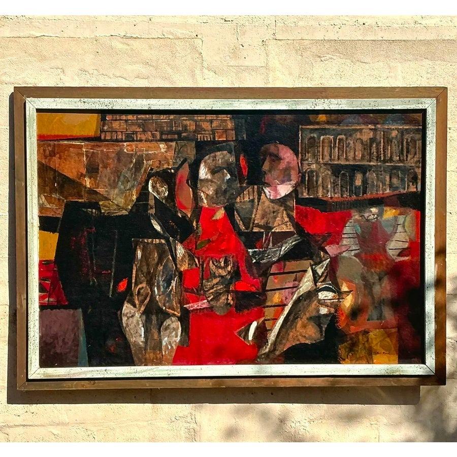 Pintura al óleo figurativa abstracta boho vintage sobre lienzo en venta 2