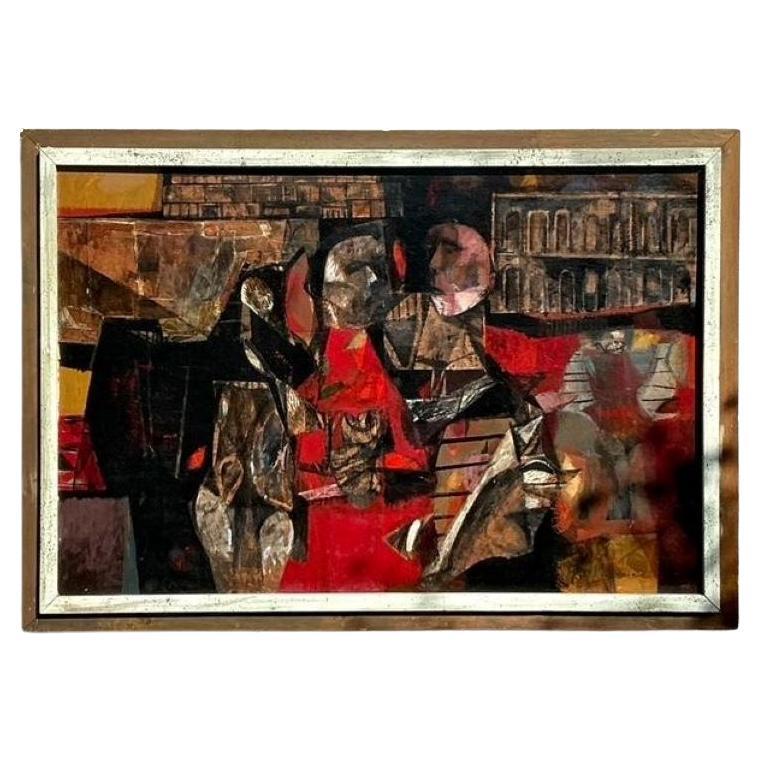 Vintage Boho Abstract Figurative Oil Painting on Canvas