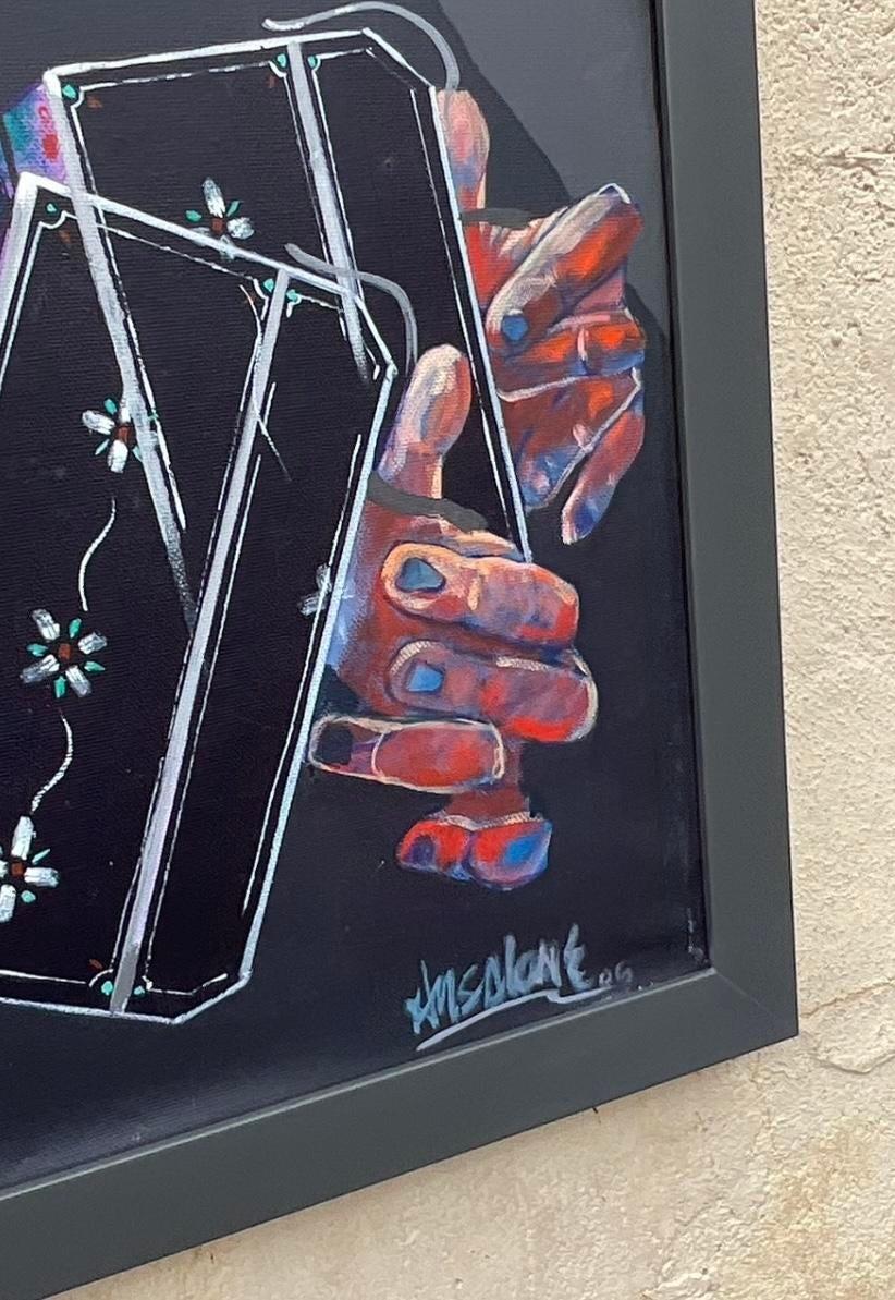 Dieses lebhafte, abstrakte Ölgemälde im Boho-Stil auf Leinwand zeigt eine einzigartige Darstellung eines Akkordeon spielenden Musikers. Das Kunstwerk zeichnet sich durch einen kühnen Einsatz von Farbe und Textur aus und ist damit eine auffällige
