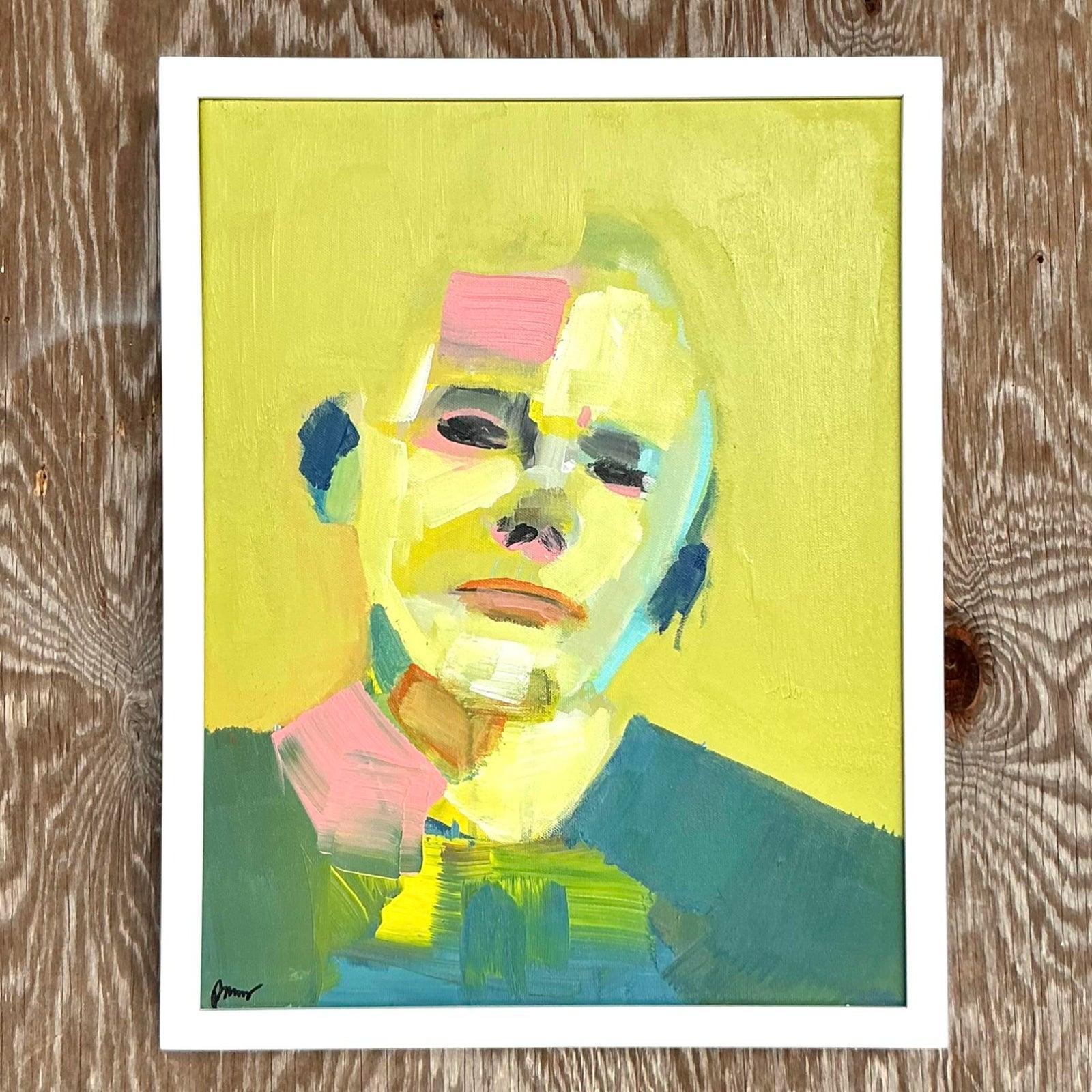 Entdecken Sie die emotionale Kraft dieses abstrakten figurativen Porträts im Vintage-Boho-Stil, ein fesselndes Werk, das gekonnt kräftige Farben mit ausdrucksstarken Formen verbindet. Der Künstler, der unten links mit 