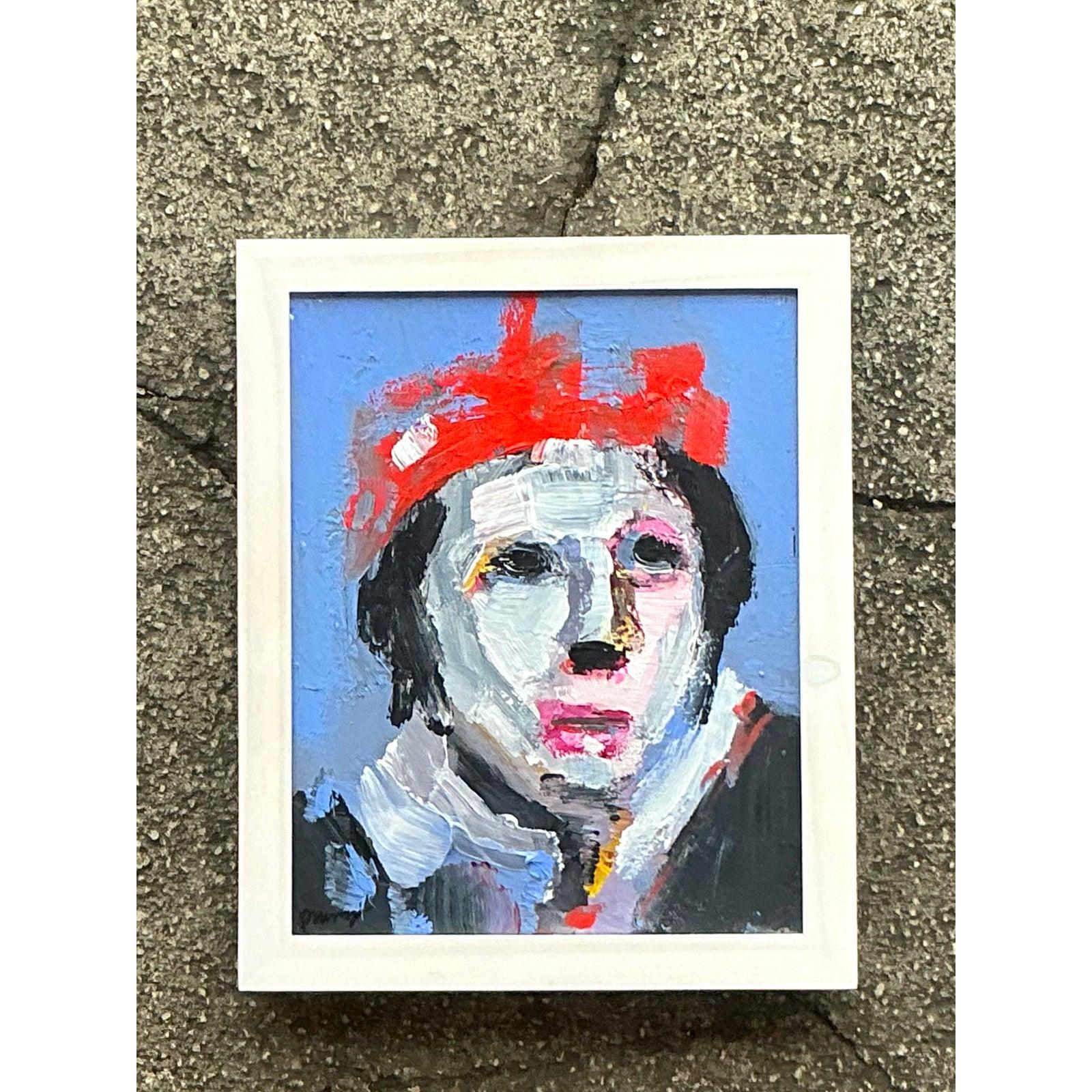 Dieses originelle Vintage-Porträt bietet in seinem kleinen Rahmen eine große künstlerische Wirkung. Das in einem kühnen, abstrakten, figurativen Stil gestaltete Kunstwerk zeigt eine fesselnde Figur, möglicherweise eine symbolische oder königliche