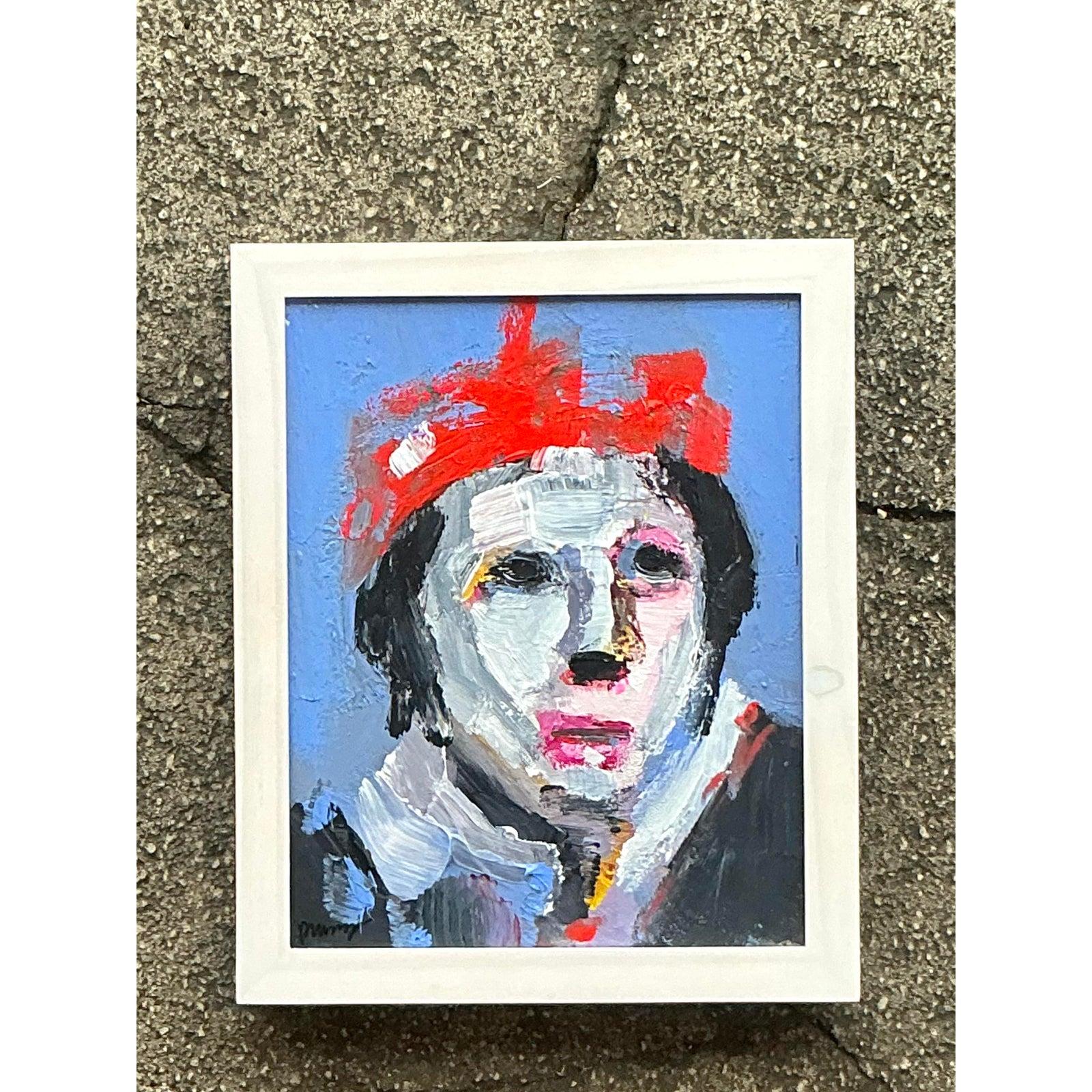 Vintage Boho abstrakte figurative Porträt auf Leinwand (amerikanisch) im Angebot