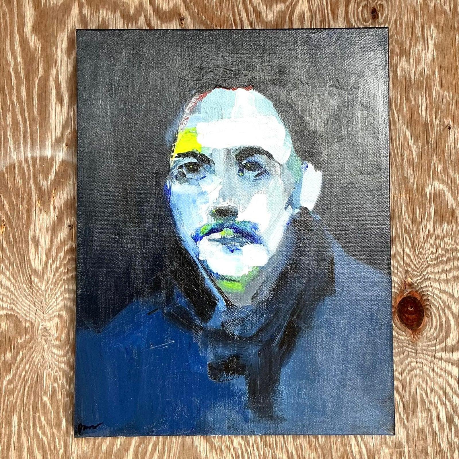 Vintage Boho abstrakte figurative Porträt auf Leinwand im Zustand „Gut“ im Angebot in West Palm Beach, FL
