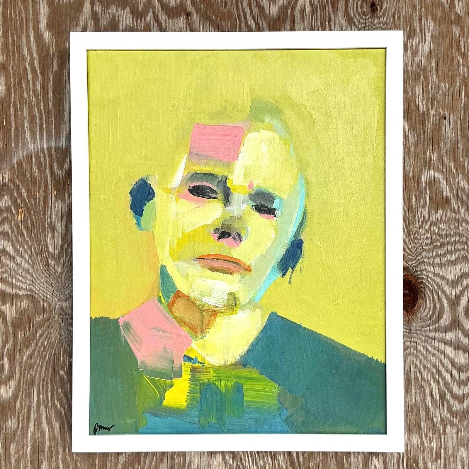 Vintage Boho abstrakte figurative Porträt auf Leinwand (amerikanisch) im Angebot