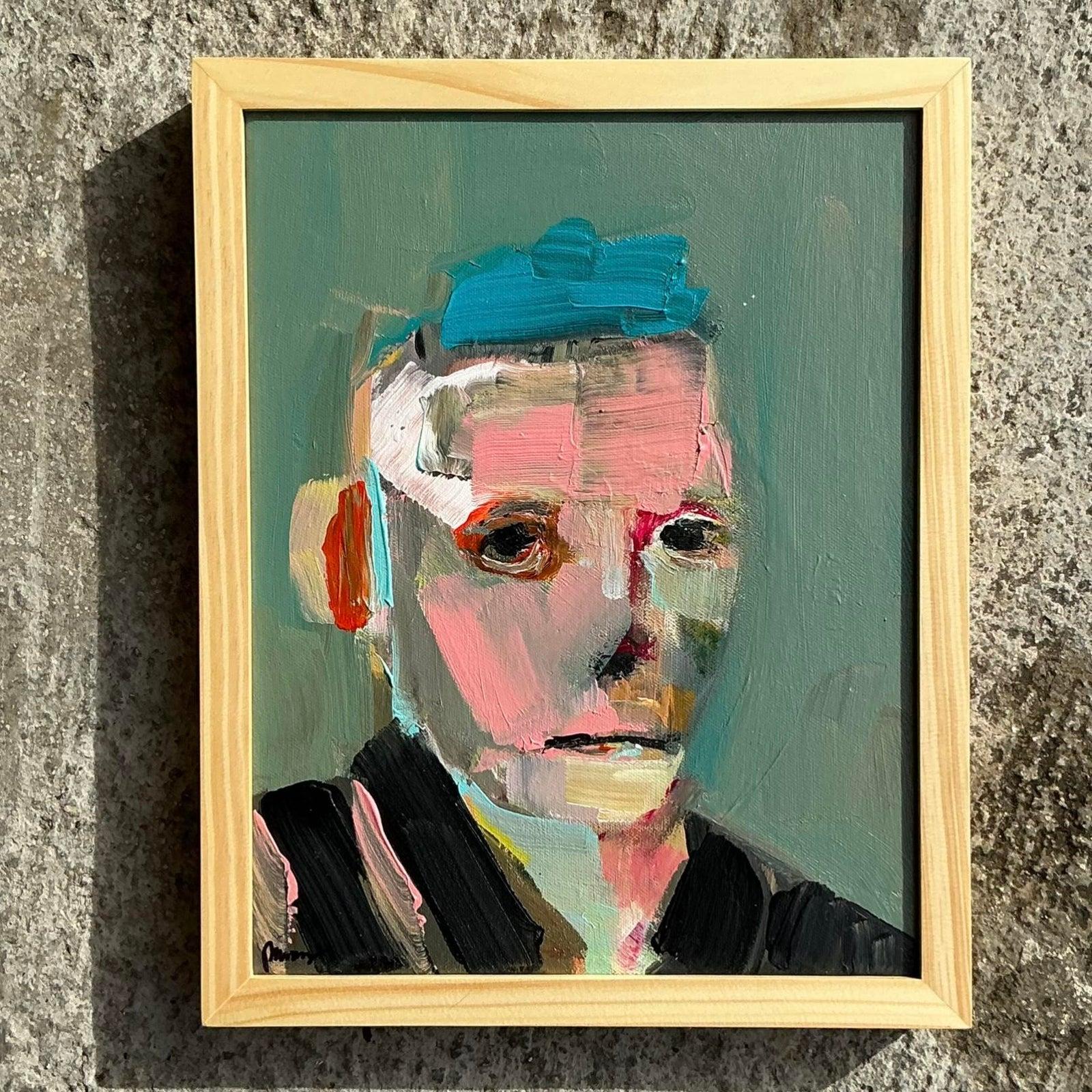 Vintage Boho abstrakte figurative Porträt auf Leinwand (amerikanisch) im Angebot