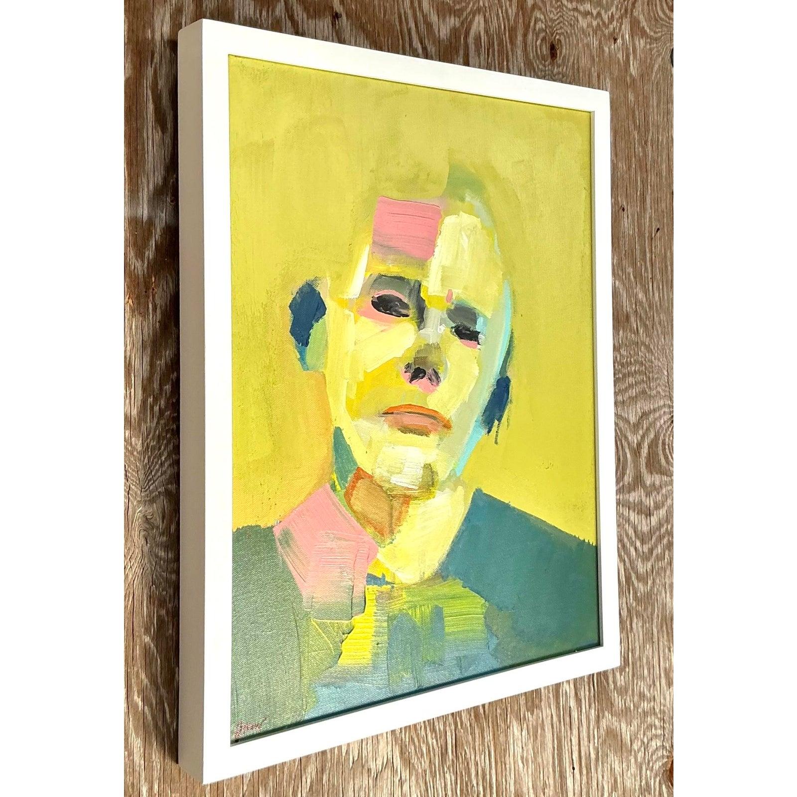 Vintage Boho abstrakte figurative Porträt auf Leinwand im Zustand „Gut“ im Angebot in West Palm Beach, FL
