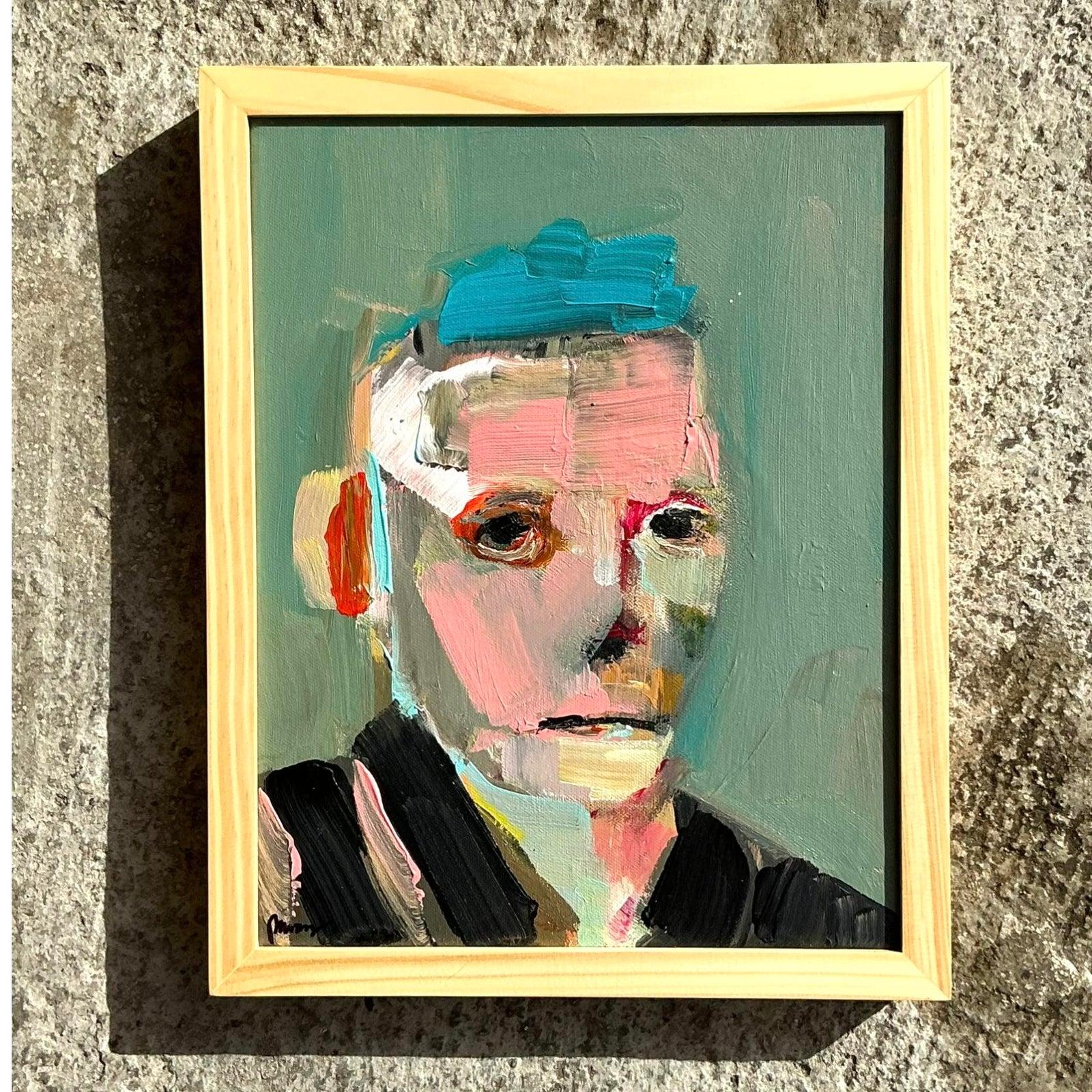 Vintage Boho abstrakte figurative Porträt auf Leinwand im Zustand „Gut“ im Angebot in West Palm Beach, FL