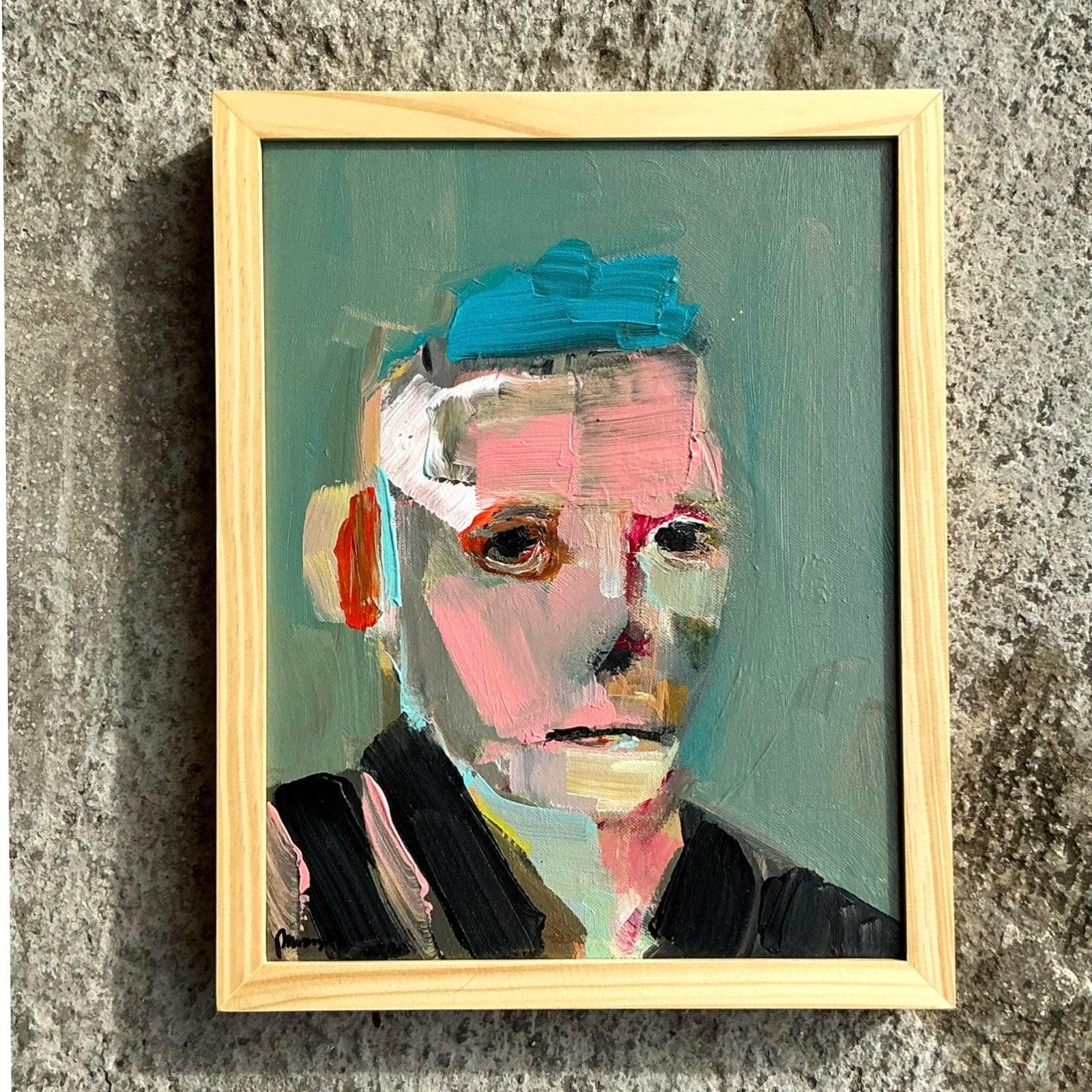 Vintage Boho abstrakte figurative Porträt auf Leinwand (21. Jahrhundert und zeitgenössisch) im Angebot