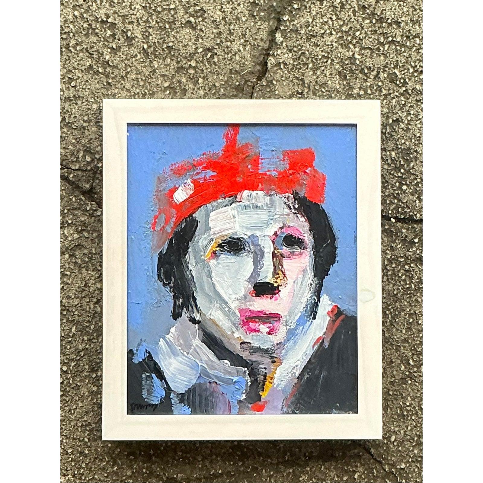 Vintage Boho abstrakte figurative Porträt auf Leinwand im Angebot 1