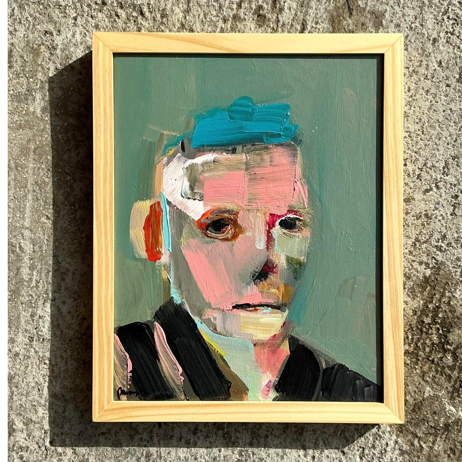 Vintage Boho abstrakte figurative Porträt auf Leinwand im Angebot 1
