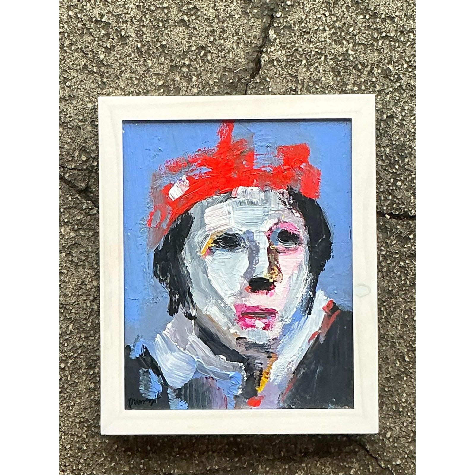 Vintage Boho abstrakte figurative Porträt auf Leinwand im Angebot 2
