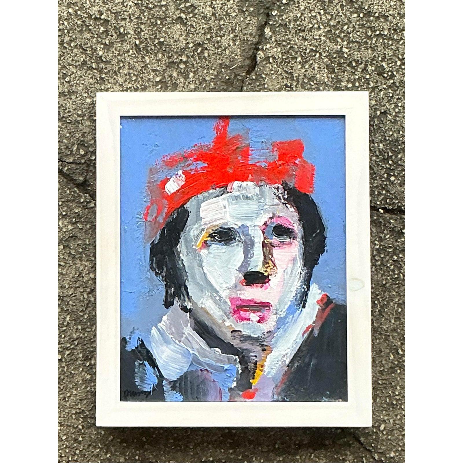 Vintage Boho abstrakte figurative Porträt auf Leinwand im Angebot 3