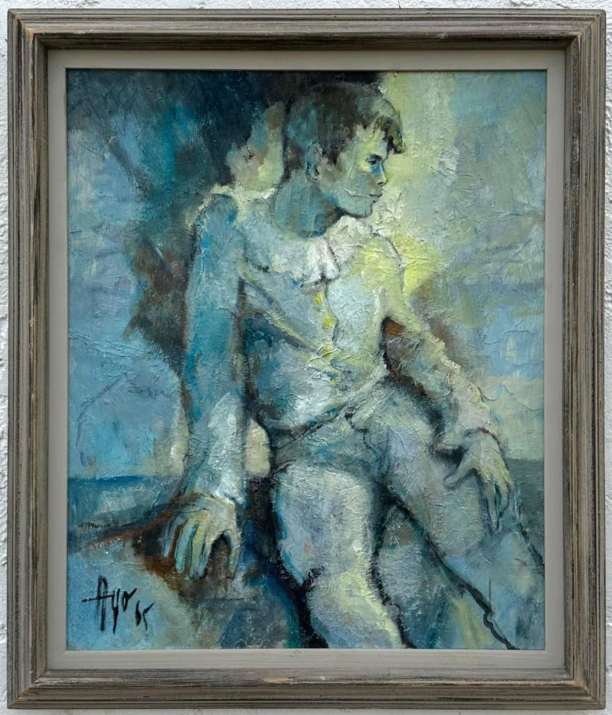 seine originale Ölfigur ist atemberaubend! Das Gemälde zeigt einen Jungen, der in einem für die Mitte des 20. Jahrhunderts typischen Hemd zur Seite blickt. Die Verwendung von differenzierten Blau- und Hellgrüntönen in Kombination mit dem