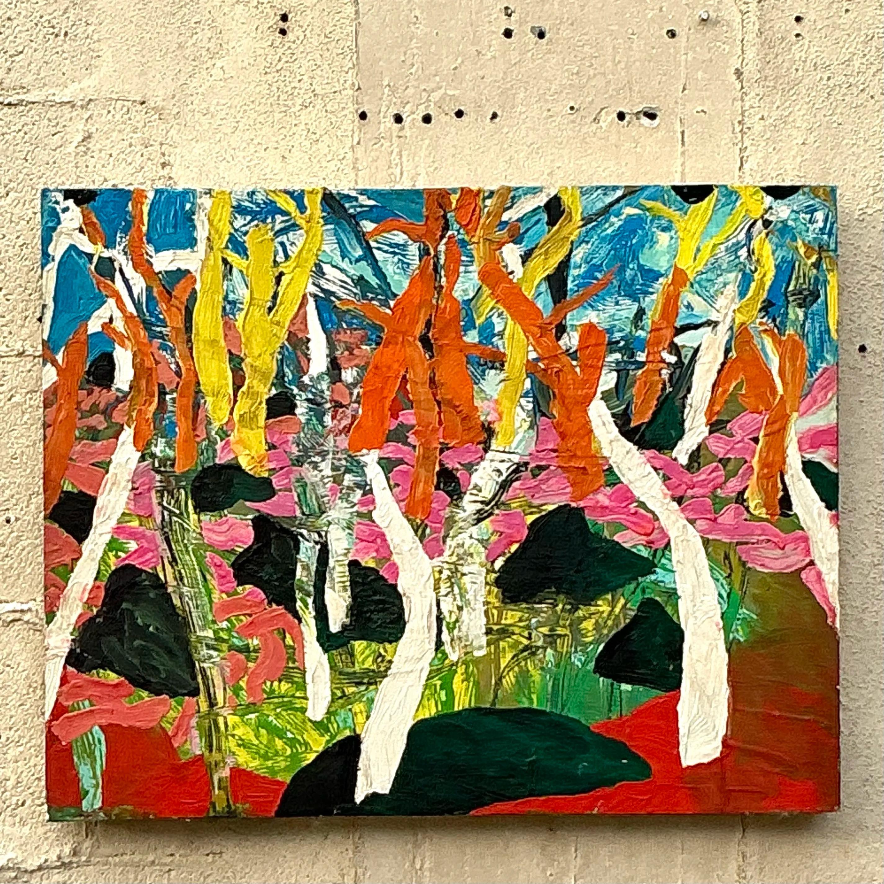 Vintage Boho Abstract Forest Ölgemälde auf Karton im Angebot 4