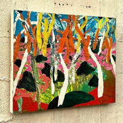 Vintage Boho Abstract Forest Oil Painting on Board