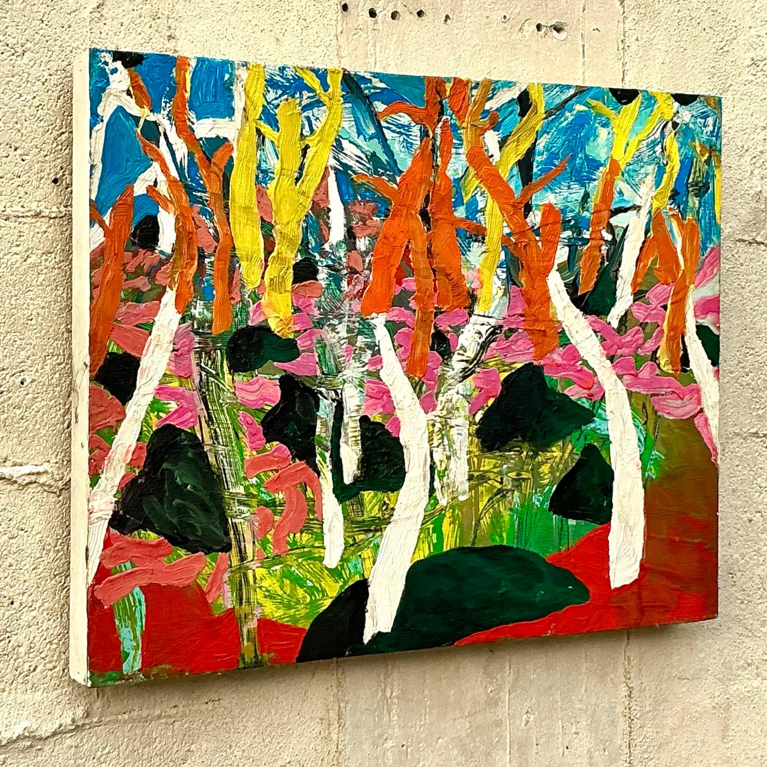 Vintage Boho Abstract Forest Ölgemälde auf Karton im Zustand „Gut“ im Angebot in west palm beach, FL