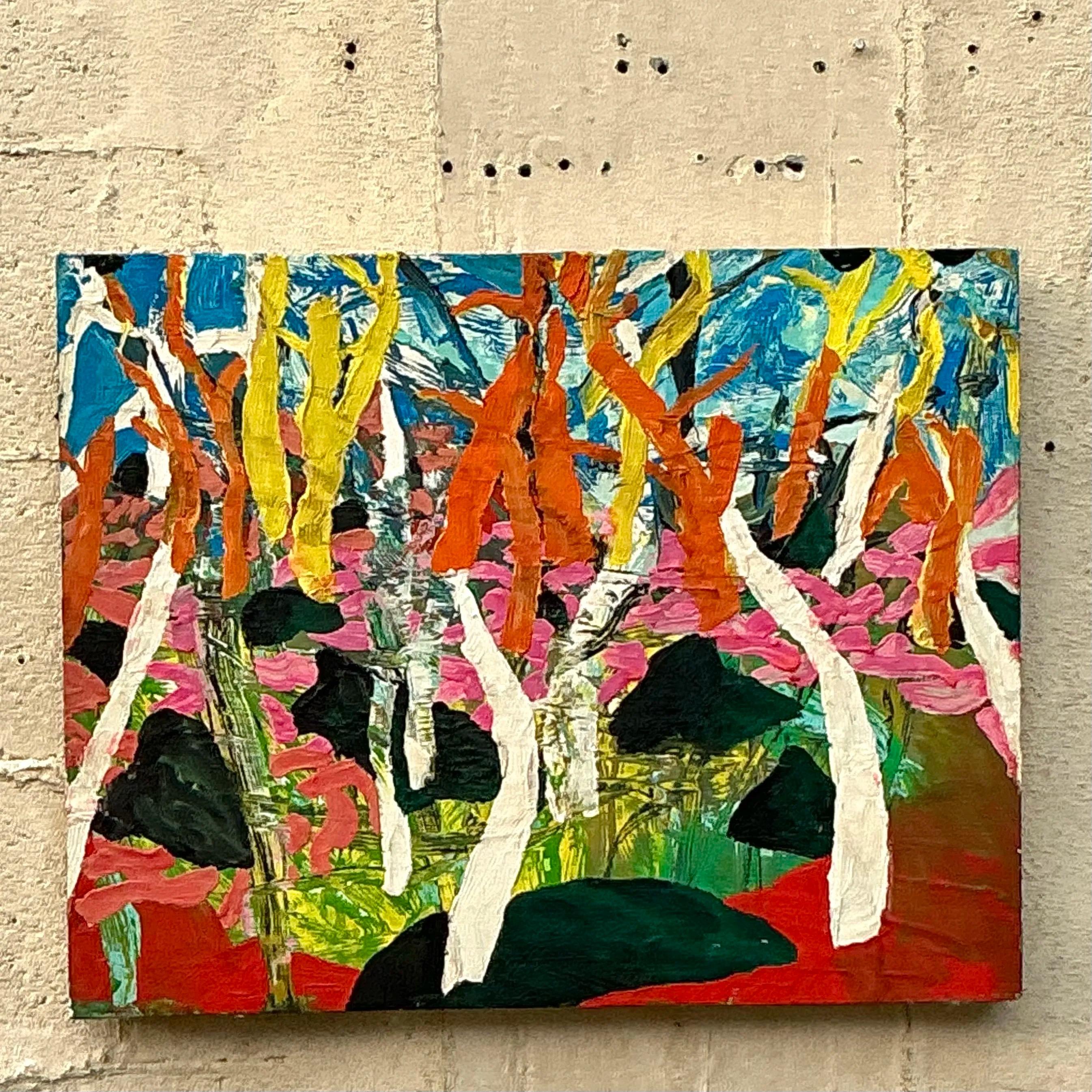 Vintage Boho Abstract Forest Ölgemälde auf Karton im Angebot 2