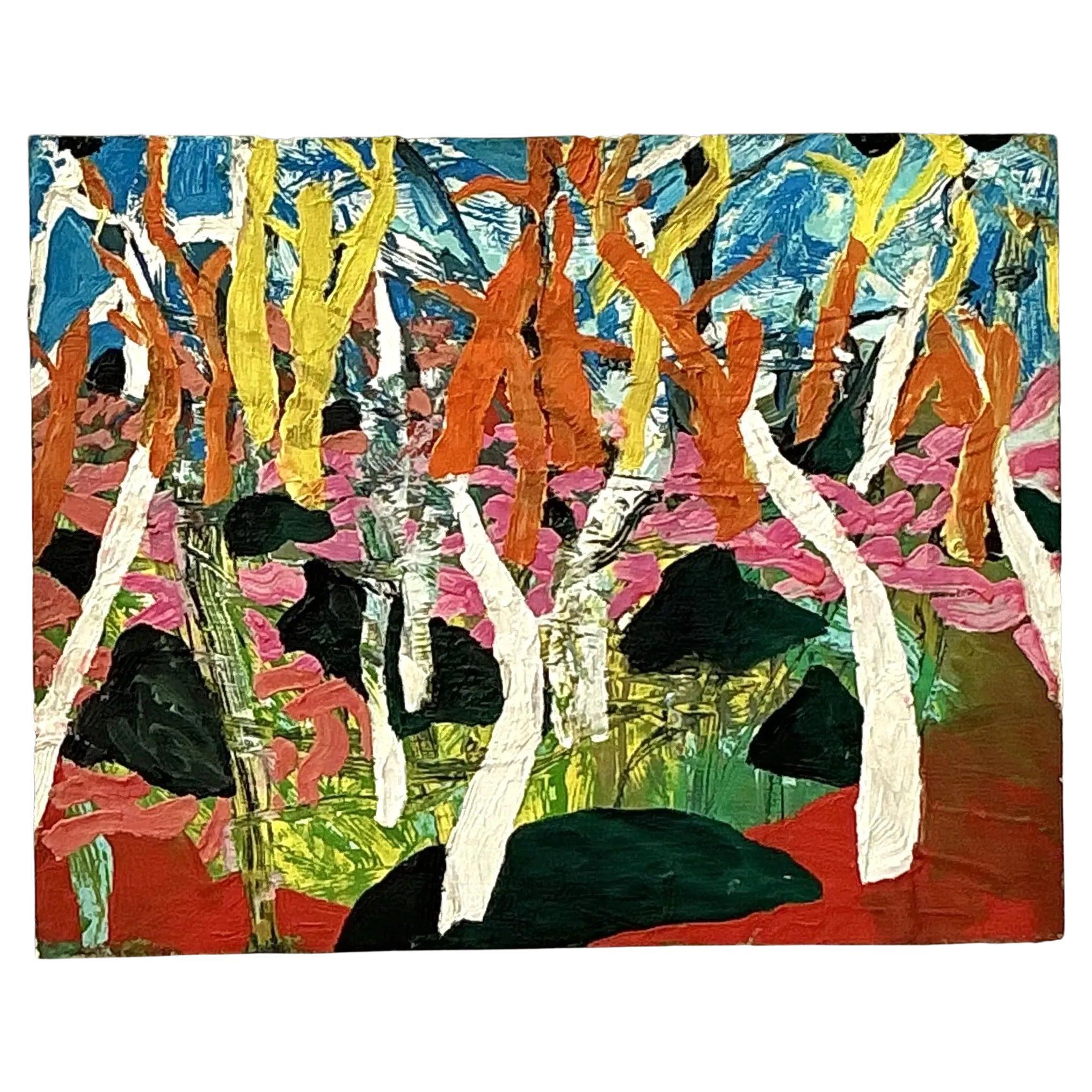 Vintage Boho Abstract Forest Oil Painting on Board