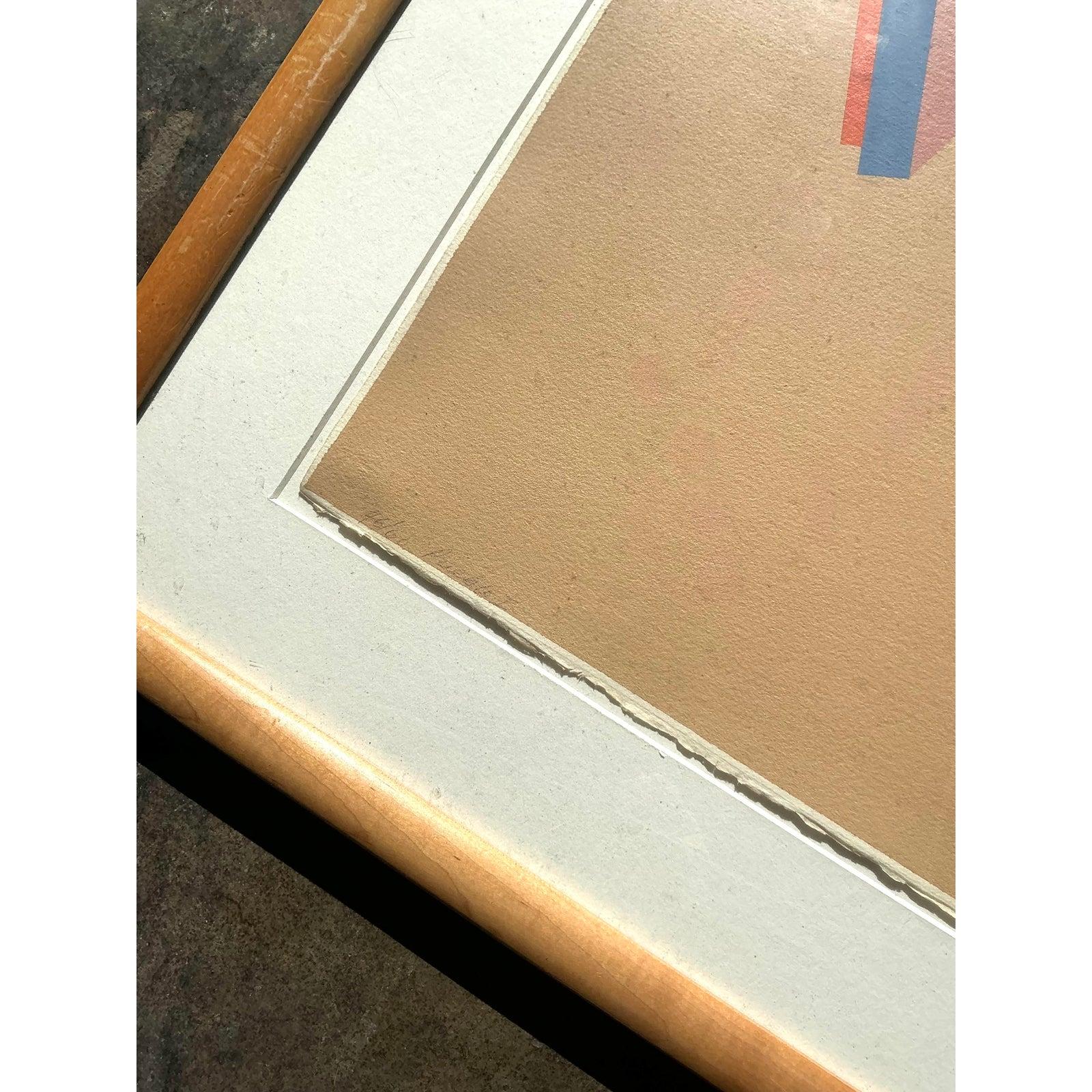 Vintage Boho Abstract Geometric Lithograph on Paper (Postmoderne) im Angebot