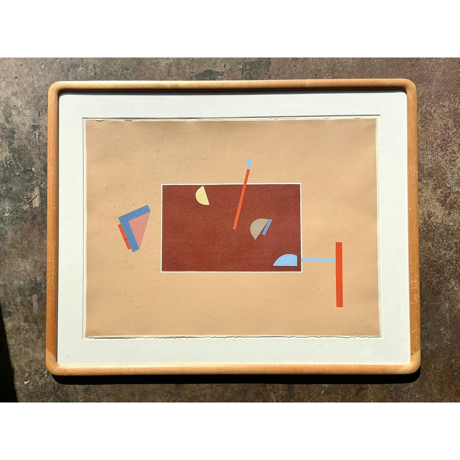 Vintage Boho Abstract Geometric Lithograph on Paper (amerikanisch) im Angebot