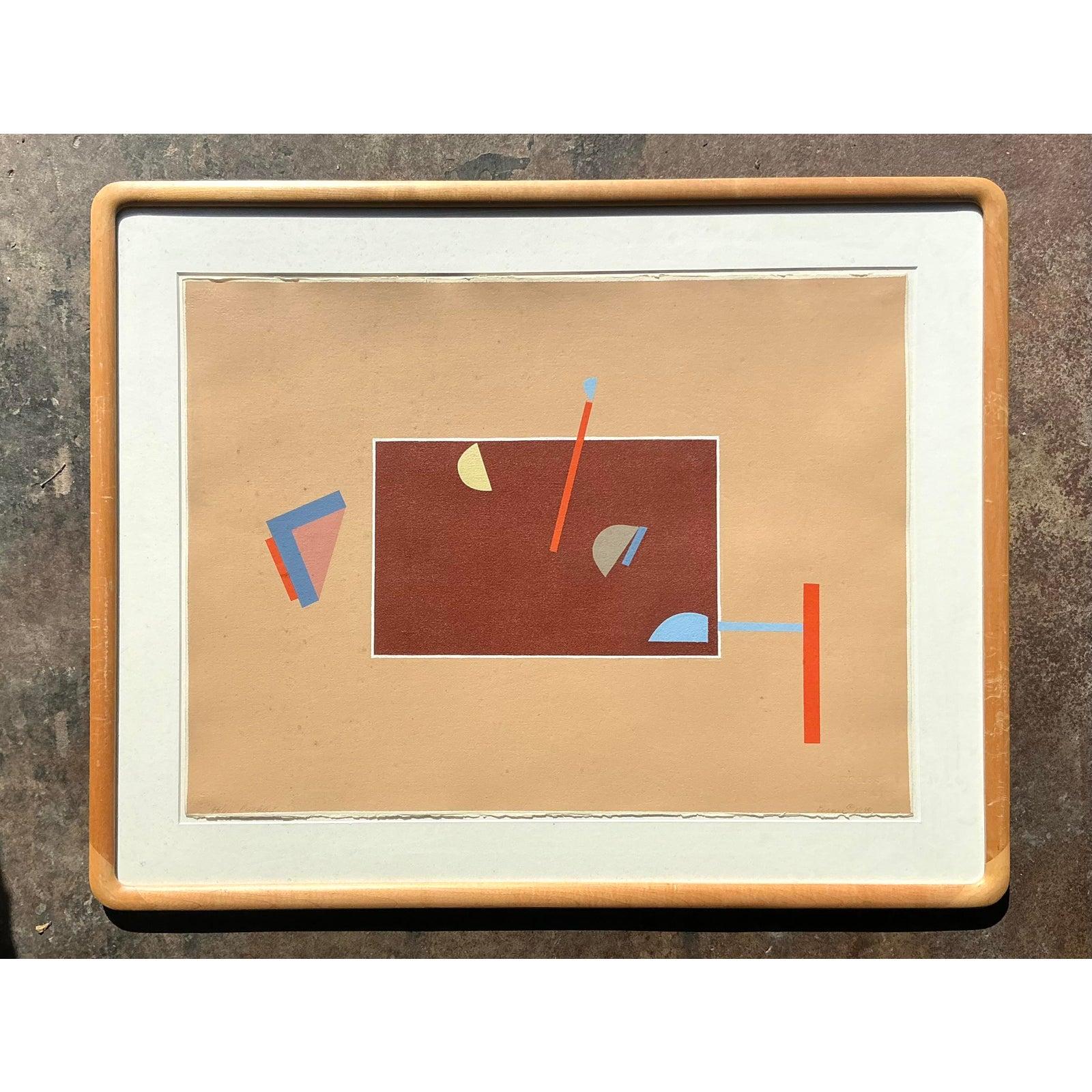 Vintage Boho Abstract Geometric Lithograph on Paper im Zustand „Gut“ im Angebot in West Palm Beach, FL