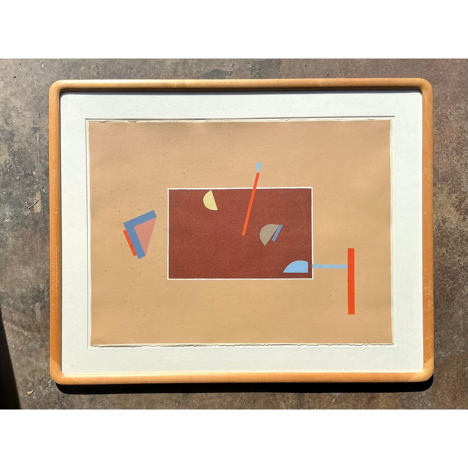 Vintage Boho Abstract Geometric Lithograph on Paper (Glas) im Angebot