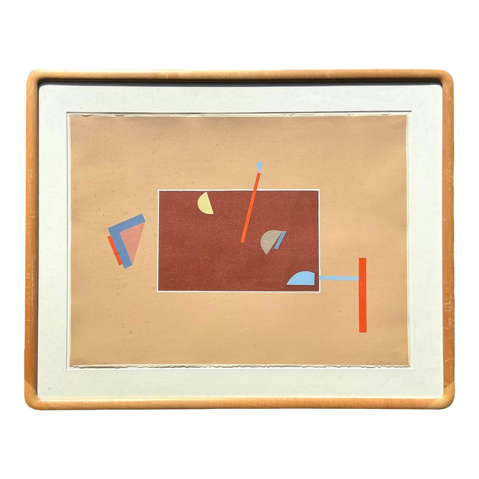 Vintage Boho Abstract Geometric Lithograph on Paper im Angebot