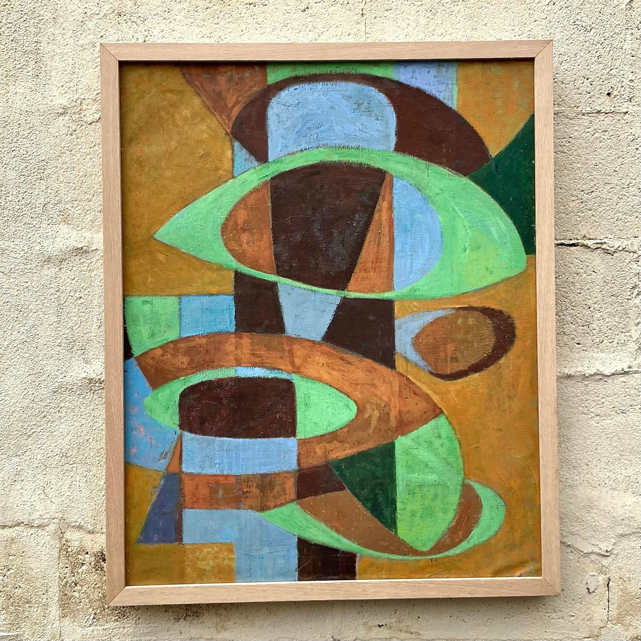 Dieses abstrakte geometrische Ölgemälde im Vintage-Stil auf Leinwand verleiht Ihrem Raum ein eklektisches, böhmisches Flair. Dieses Kunstwerk strotzt vor lebendigen Formen und satten Farbtönen und ist ein kühner Ausdruck von Kreativität und freiem