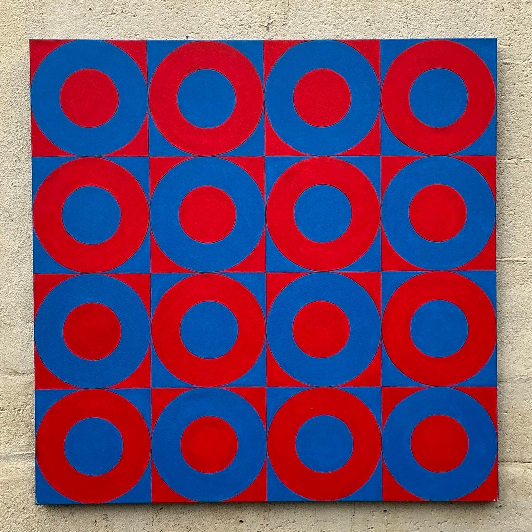 Aporta energía vibrante y sofisticación artística a tu espacio con este óleo geométrico abstracto boho vintage sobre lienzo. Con formas atrevidas y llamativas y una armoniosa mezcla de colores, esta pieza captura la esencia de espíritu libre del