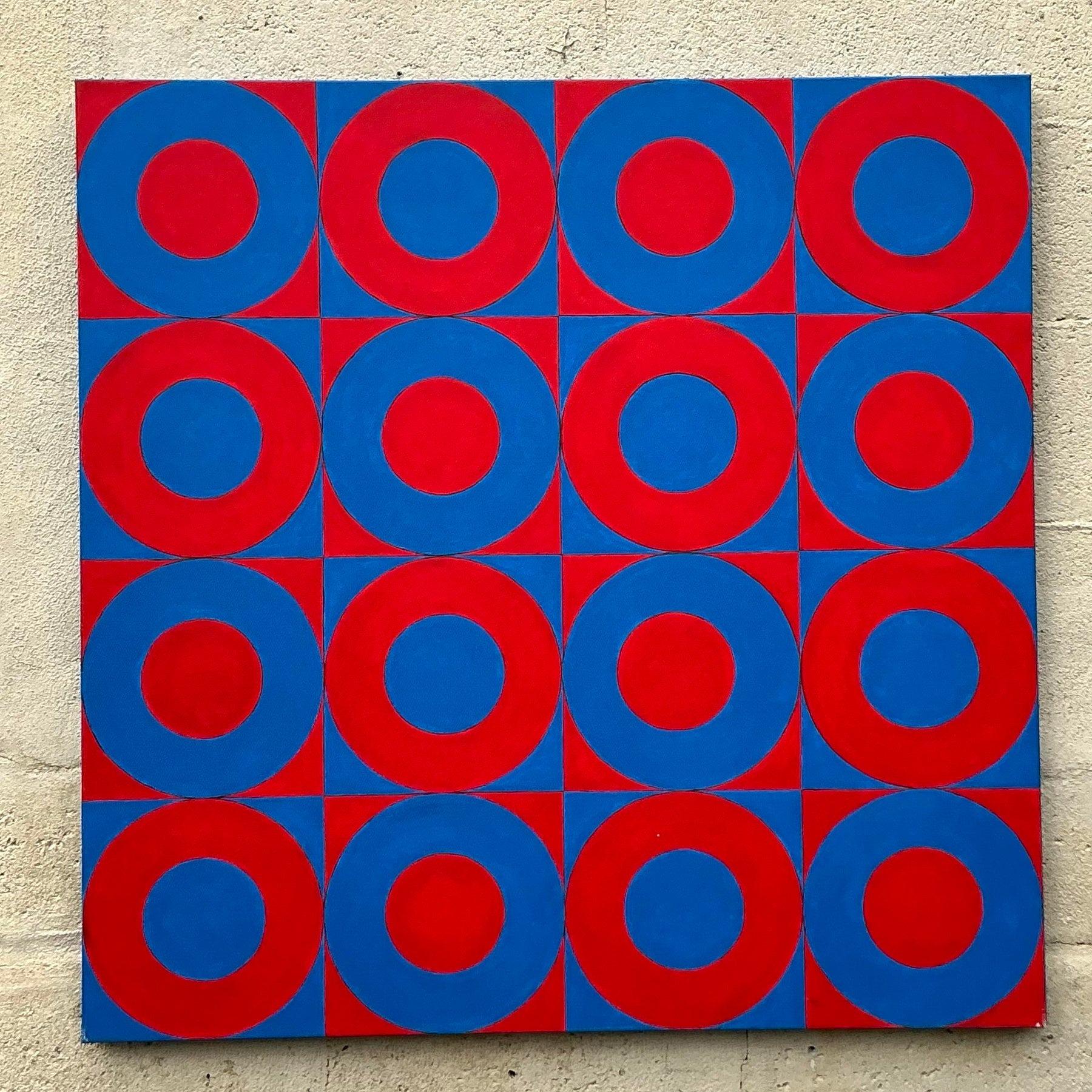 Óleo Geométrico Abstracto Boho Vintage sobre Lienzo Estadounidense en venta