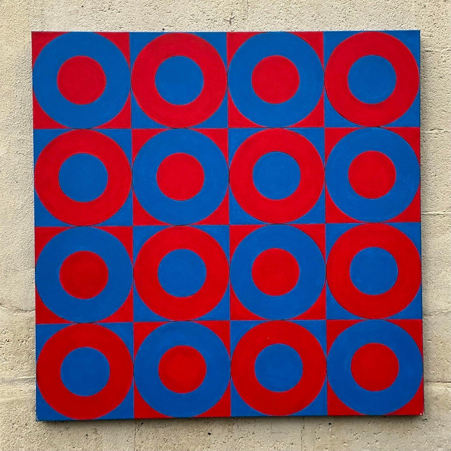 Óleo Geométrico Abstracto Boho Vintage sobre Lienzo en Bueno estado para la venta en west palm beach, FL