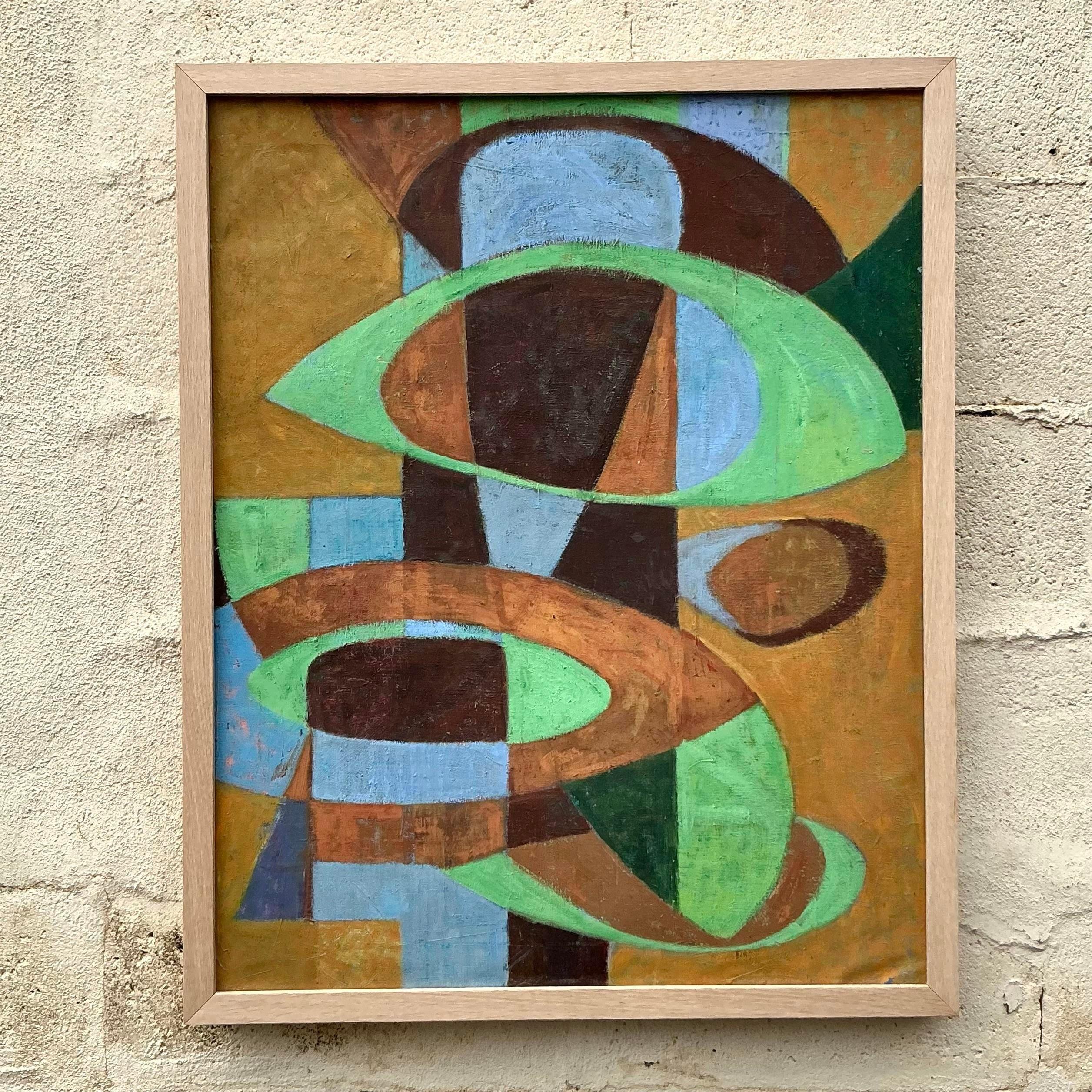 Vintage Boho Abstrakt Geometrisch Öl auf Leinwand (20. Jahrhundert) im Angebot