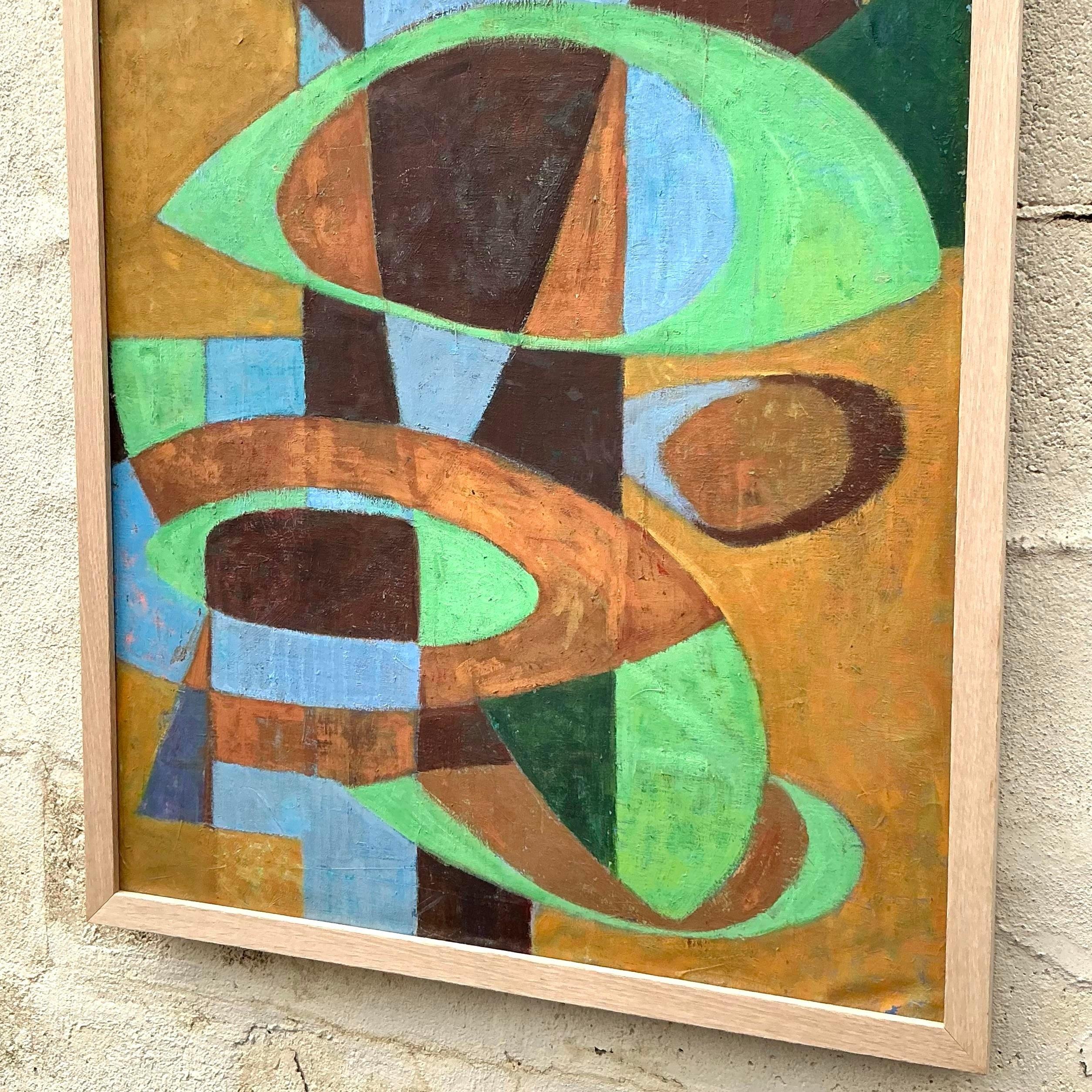 Vintage Boho Abstrakt Geometrisch Öl auf Leinwand im Angebot 1