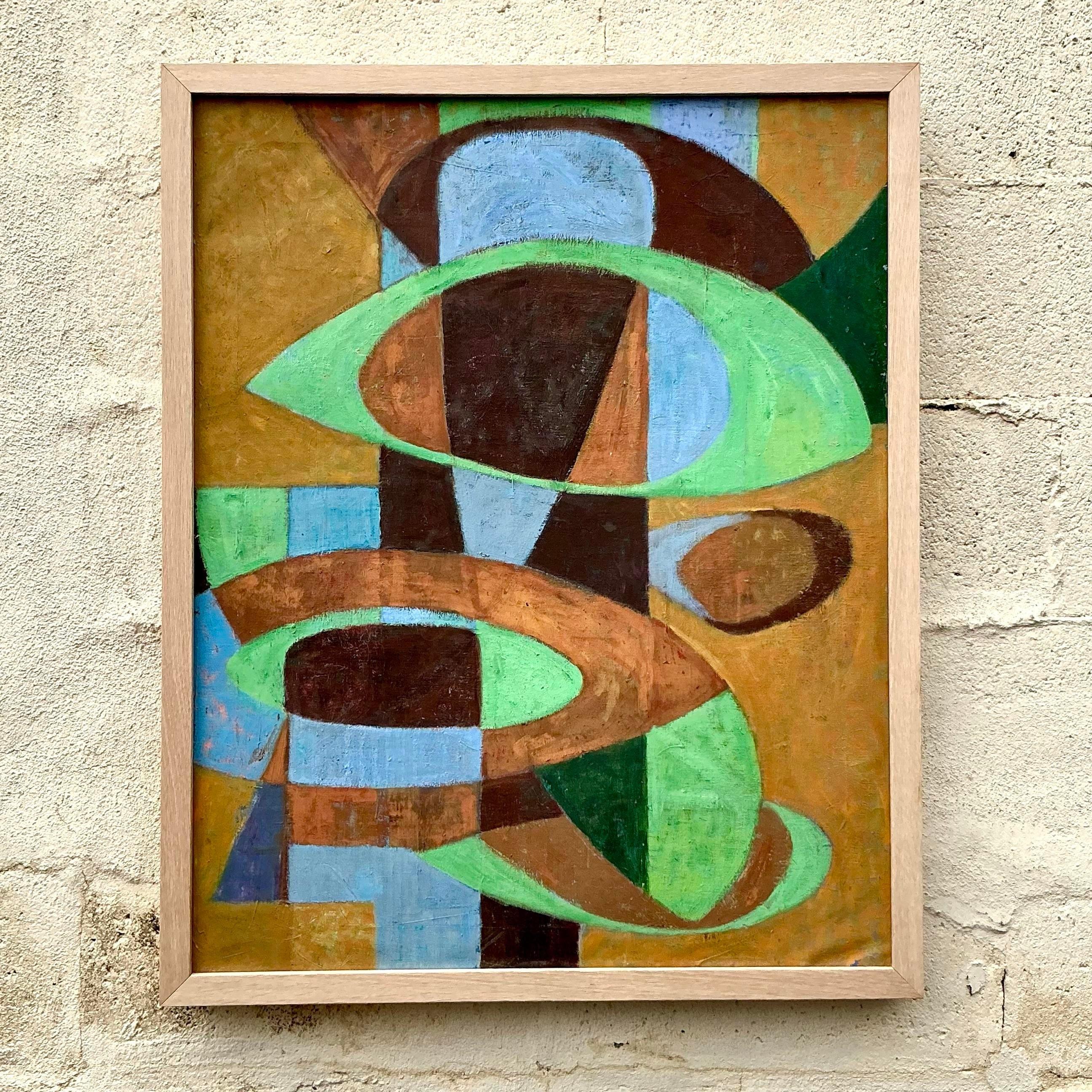 Vintage Boho Abstrakt Geometrisch Öl auf Leinwand im Angebot 2