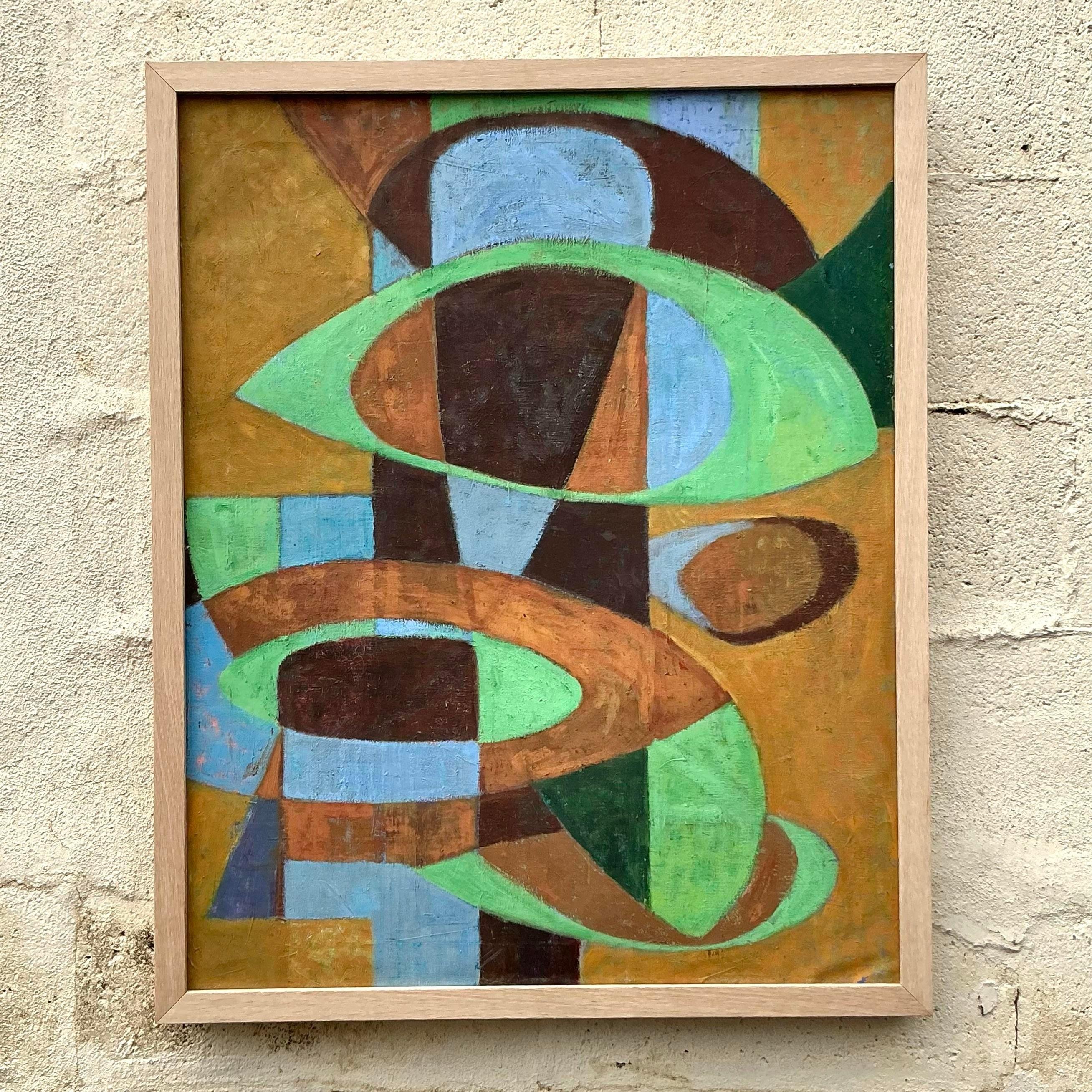 Vintage Boho Abstrakt Geometrisch Öl auf Leinwand im Angebot 3