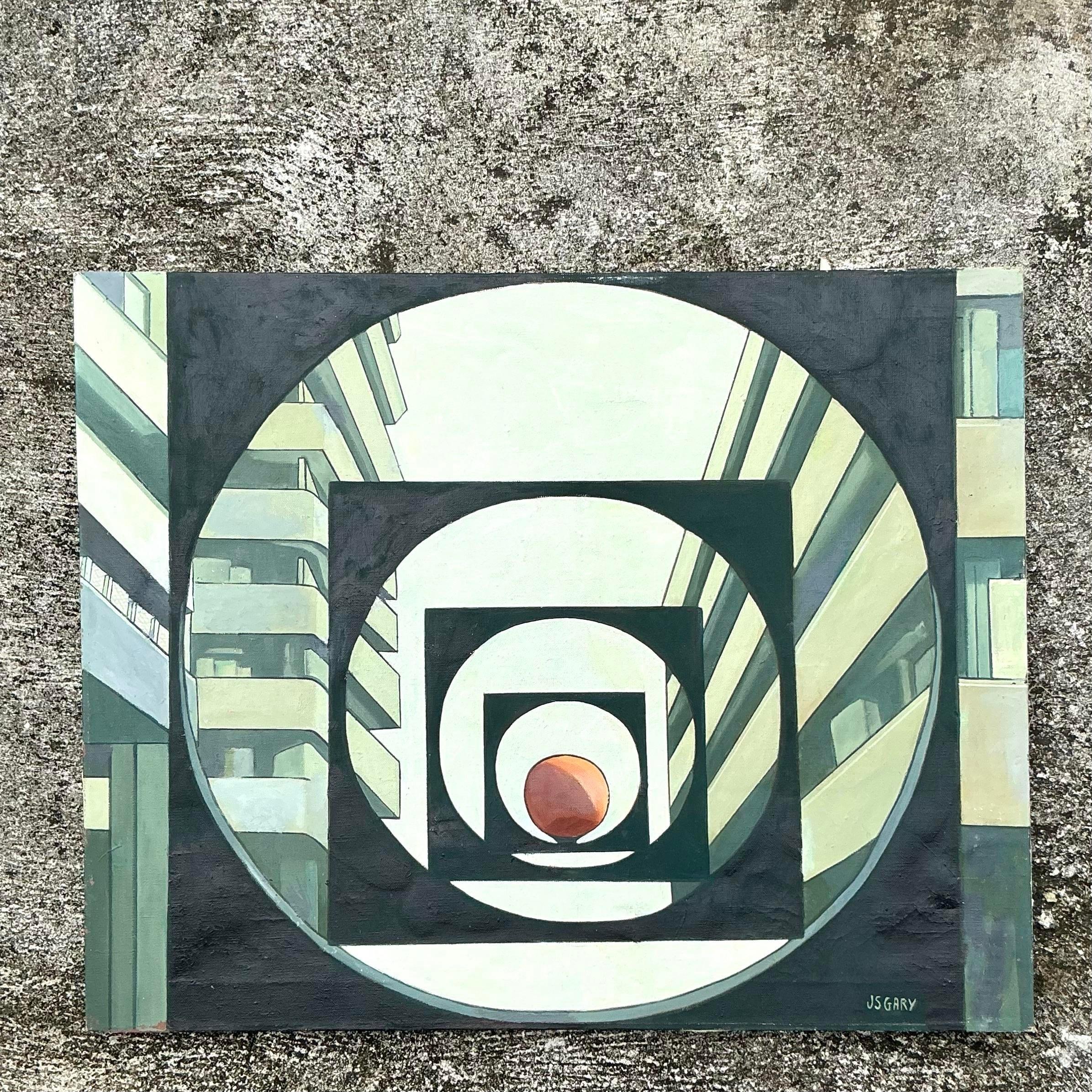 Erweitern Sie Ihre Sammlung mit diesem abstrakten geometrischen Ölgemälde im Boho-Stil auf Leinwand. Mit seinen kräftigen Farben und dynamischen Formen verleiht dieses originelle Kunstwerk jedem Raum einen Hauch von künstlerischem Flair und